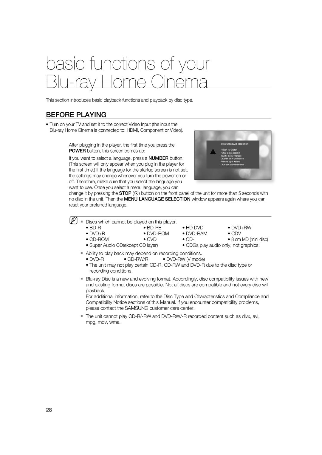 Samsung AH68-02019K manual Before Playing, After plugging in the player, the ﬁ rst time you press 