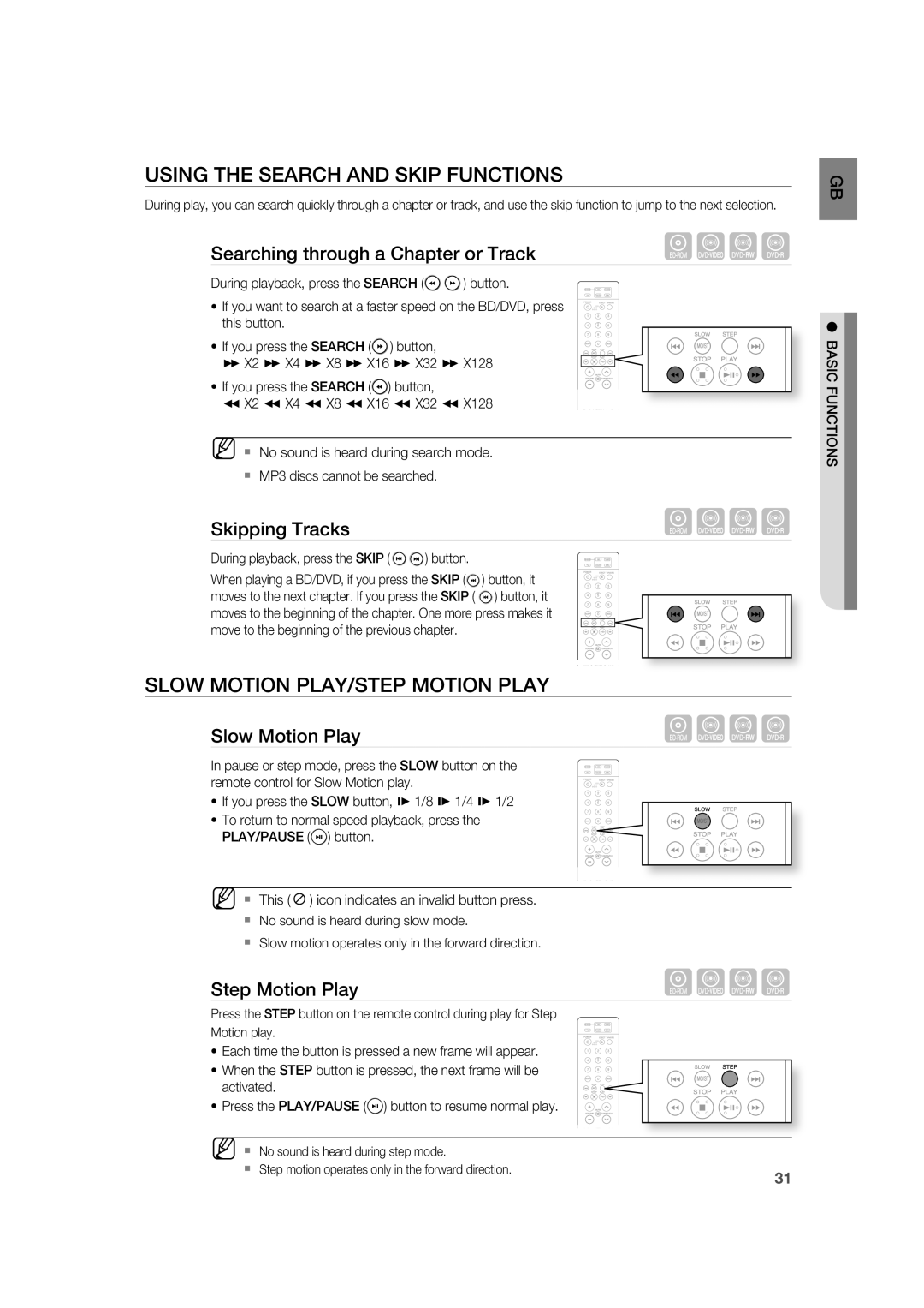 Samsung AH68-02019K manual Using the Search and Skip Functions, Slow Motion PLAY/STEP Motion Play 