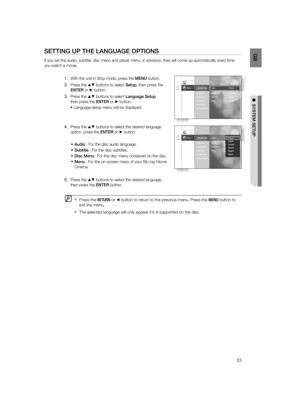 Samsung AH68-02019K manual Setting UP the Language Options, System Setup, Audio For the disc audio language 