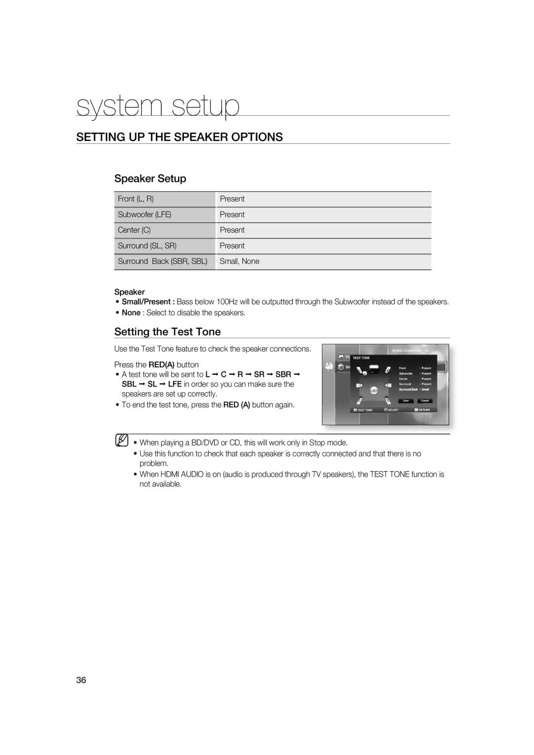 Samsung AH68-02019K manual Speaker Setup, Setting the Test Tone, Use the Test Tone feature to check the speaker connections 