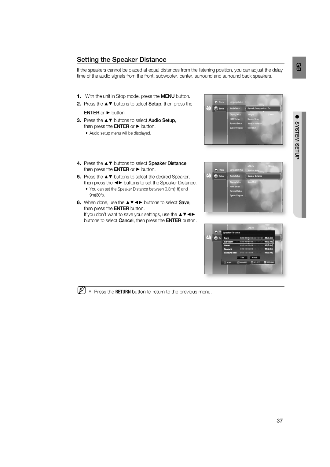 Samsung AH68-02019K Setting the Speaker Distance, Press the buttons to select Audio Setup, Then press the Enter or button 