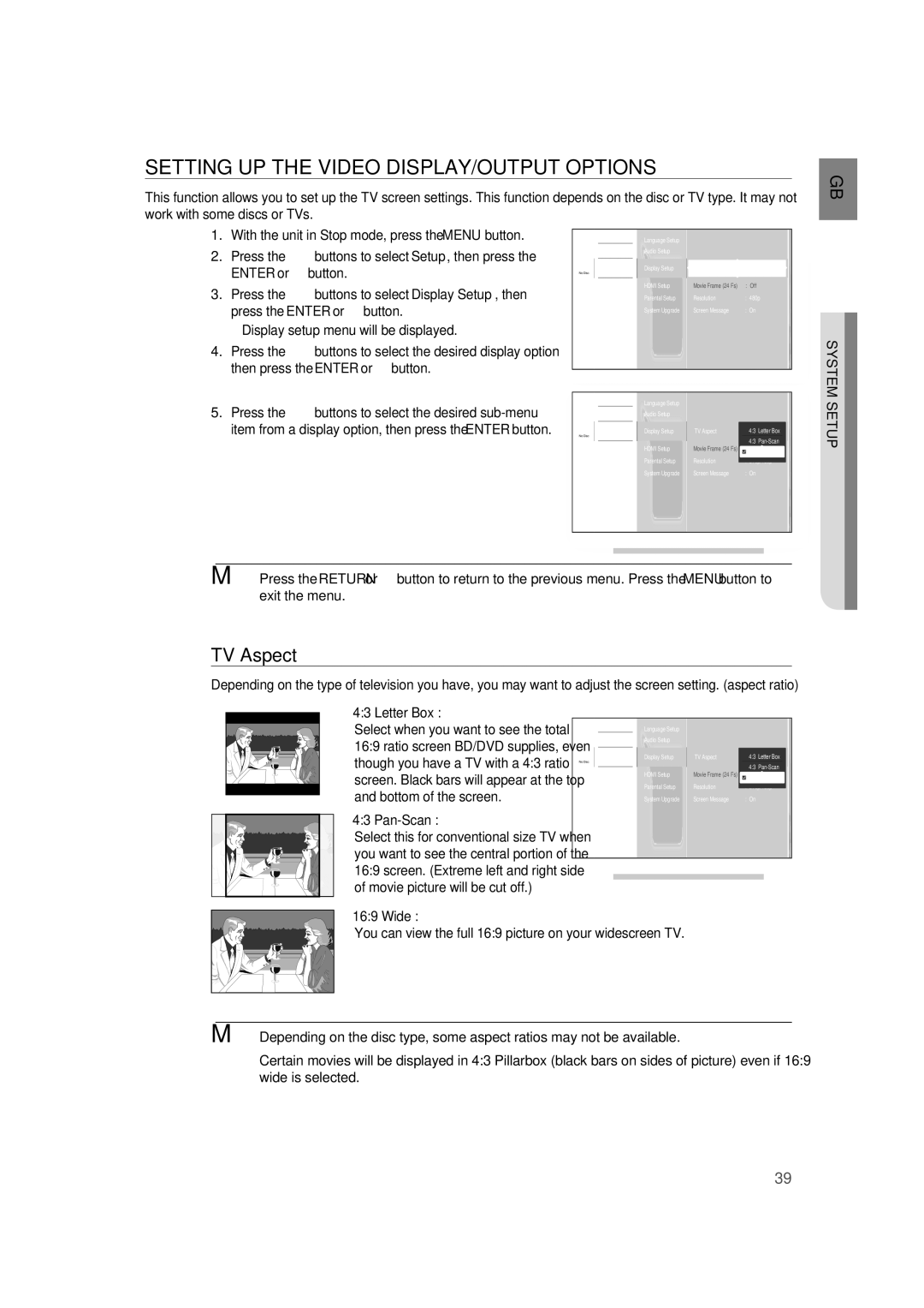 Samsung AH68-02019K manual Setting UP the Video DISPLAY/OUTPUT Options, TV Aspect, Bottom of the screen, Pan-Scan 