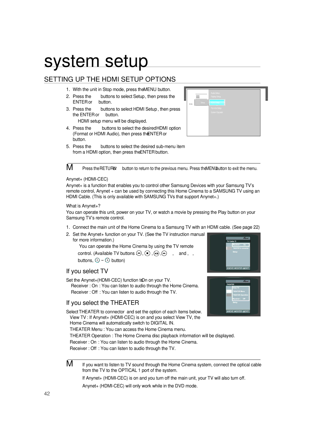 Samsung AH68-02019K manual Setting UP the Hdmi Setup Options, If you select TV, If you select the Theater 