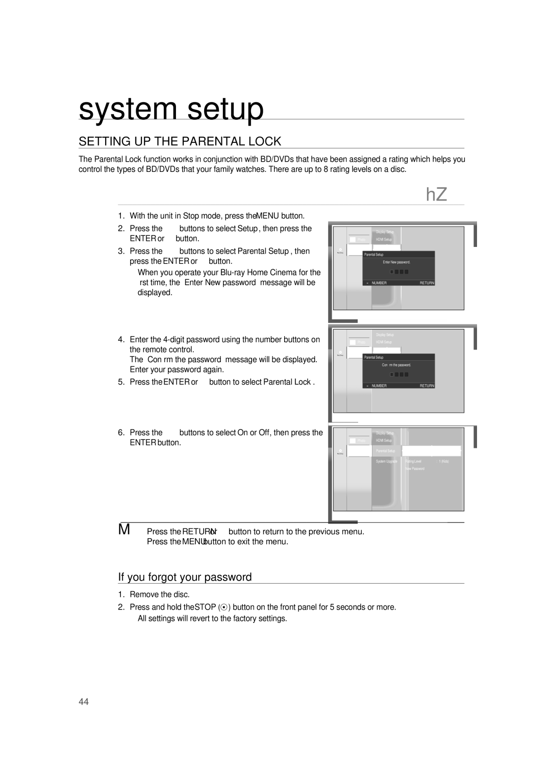 Samsung AH68-02019K manual Setting UP the Parental Lock, If you forgot your password 