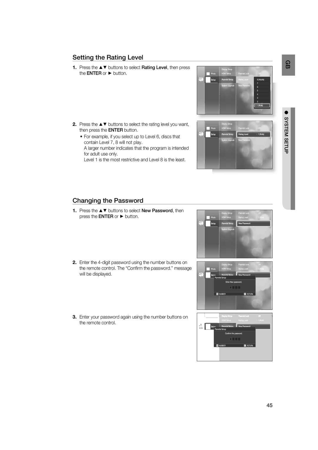 Samsung AH68-02019K manual Setting the Rating Level, Changing the Password, Press the Enter or button, Will be displayed 