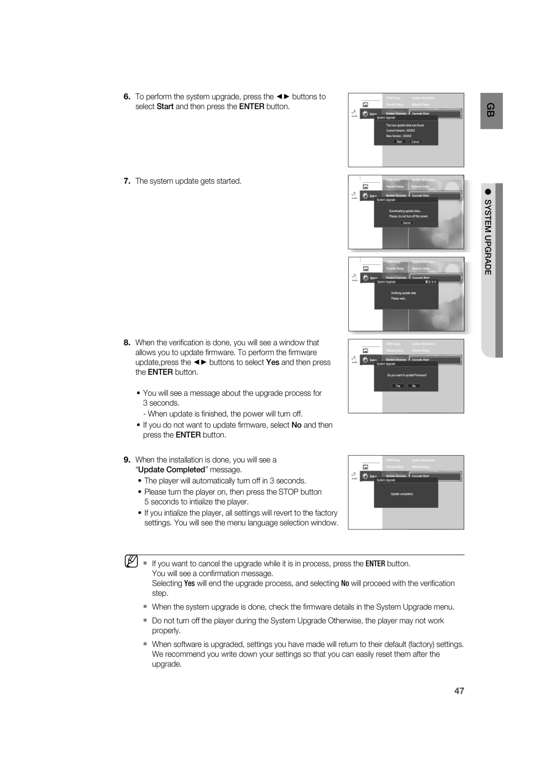 Samsung AH68-02019K To perform the system upgrade, press the buttons to, Select Start and then press the Enter button 