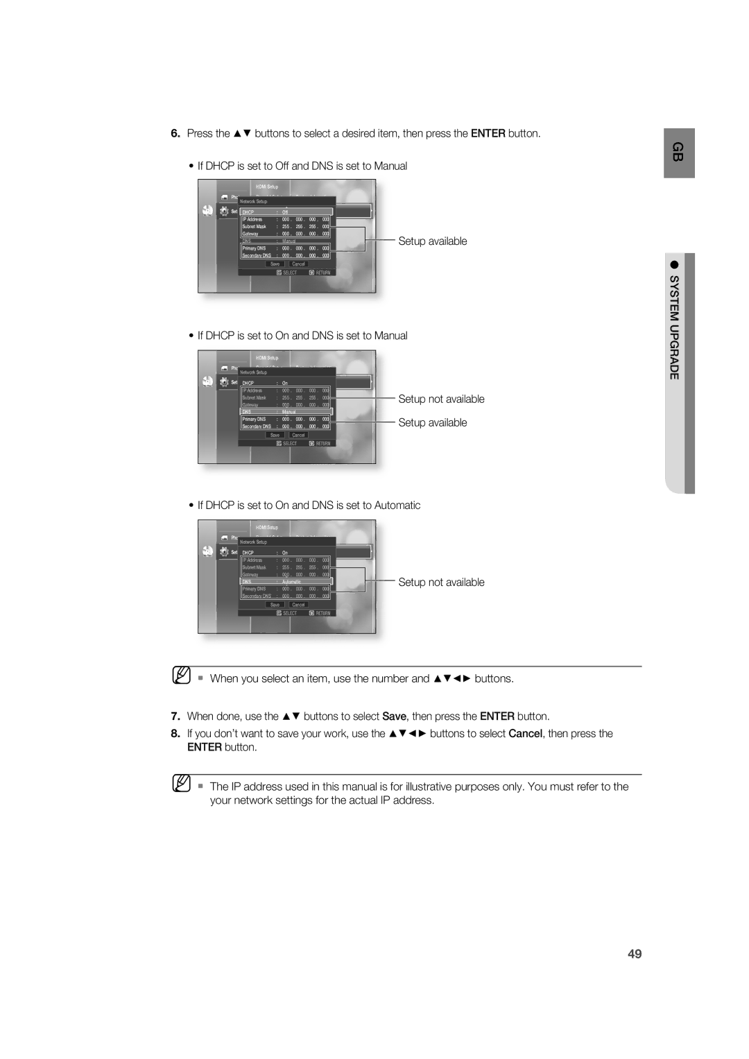 Samsung AH68-02019K manual Setup available, System, If Dhcp is set to On and DNS is set to Manual 