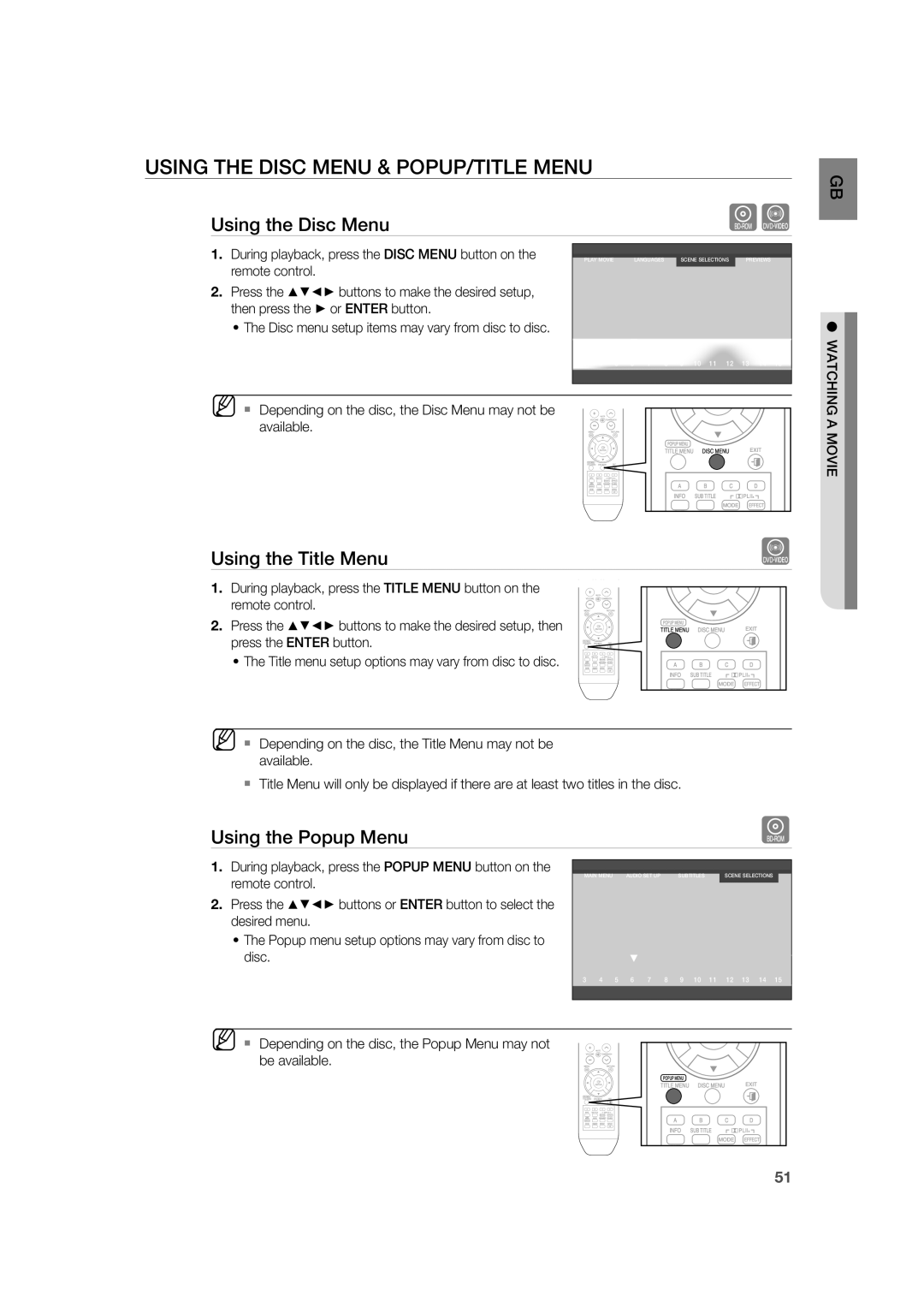 Samsung AH68-02019K manual Using the Disc Menu & POPUP/TITLE Menu, Using the Title Menu, Movie 