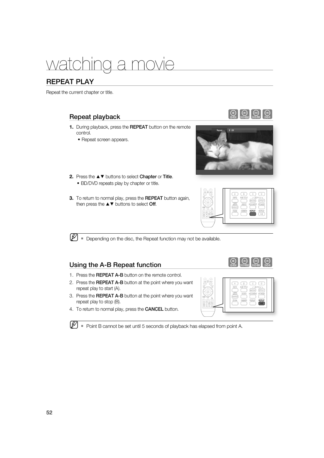 Samsung AH68-02019K manual Repeat Play, Repeat playback, Using the A-B Repeat function, Repeat the current chapter or title 