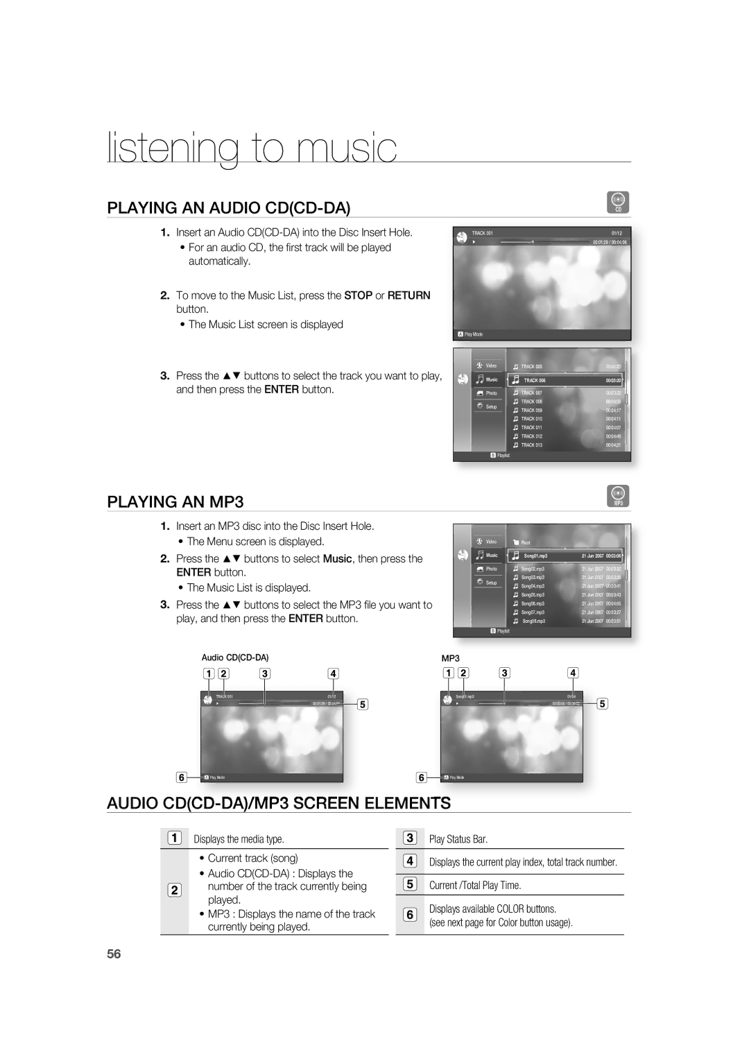 Samsung AH68-02019K manual Listening to music, Playing AN Audio CDCD-DA, Playing AN MP3, Audio CDCD-DA/MP3 Screen Elements 