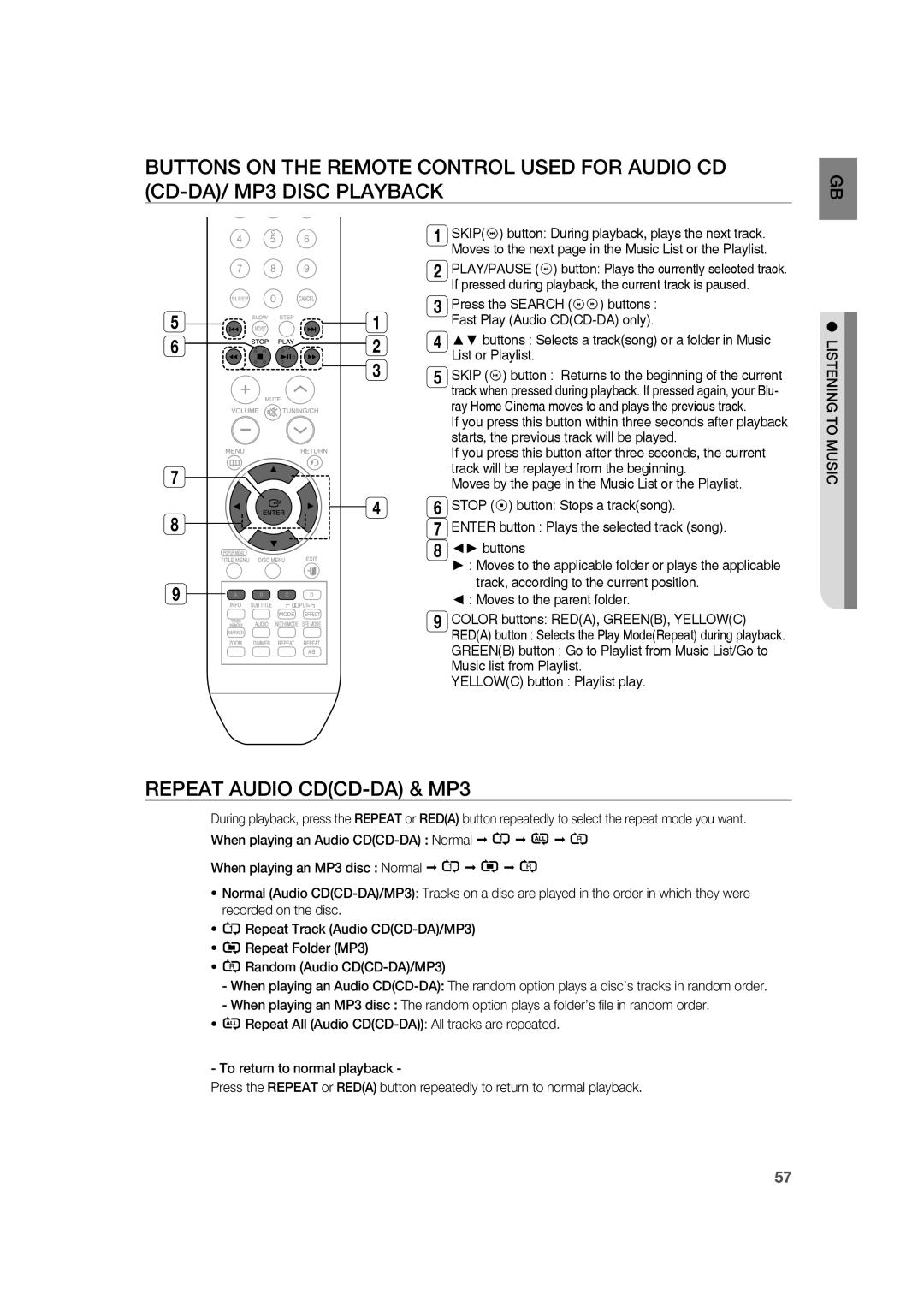 Samsung AH68-02019K manual Repeat Audio CDCD-DA & MP3, Listening to Music 