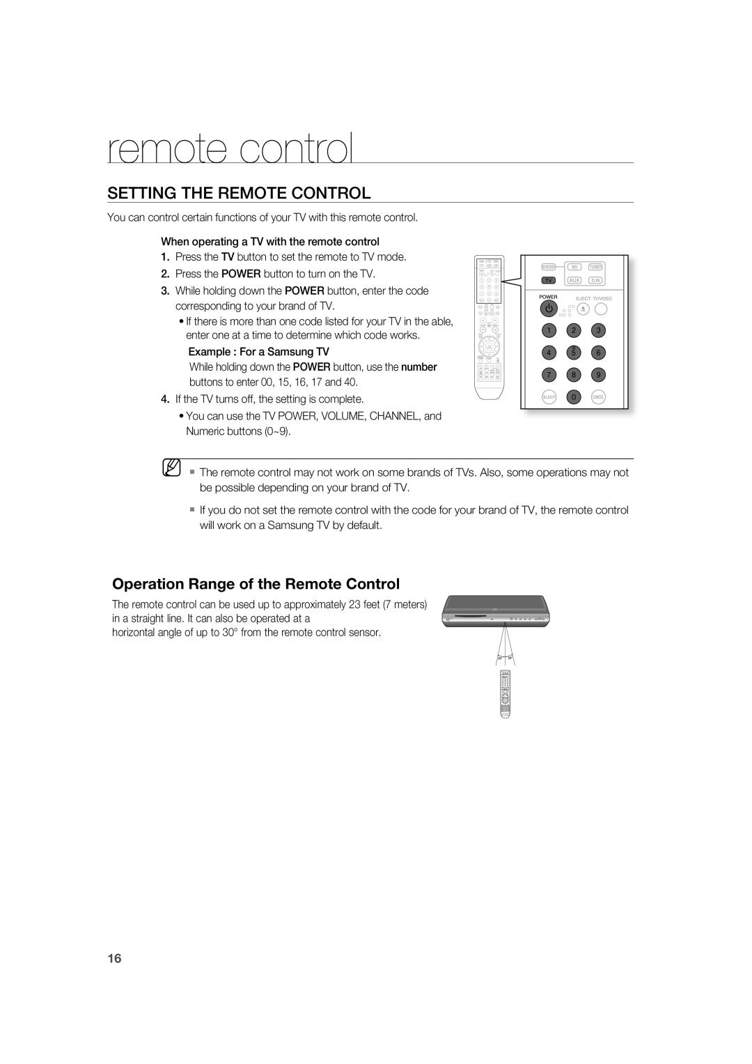 Samsung AH68-02019K manual Setting The Remote Control, Operation Range of the Remote Control, remote control 