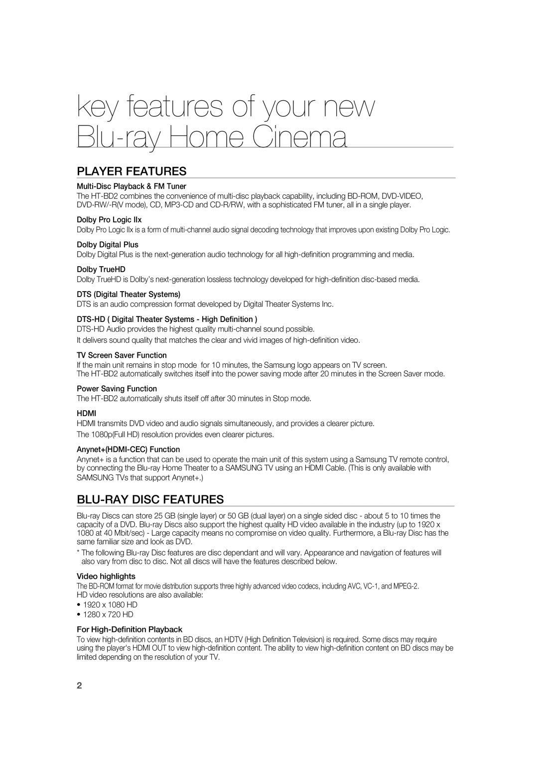 Samsung AH68-02019K manual key features of your new Blu-rayHome Cinema, Player Features, Blu-Raydisc Features 