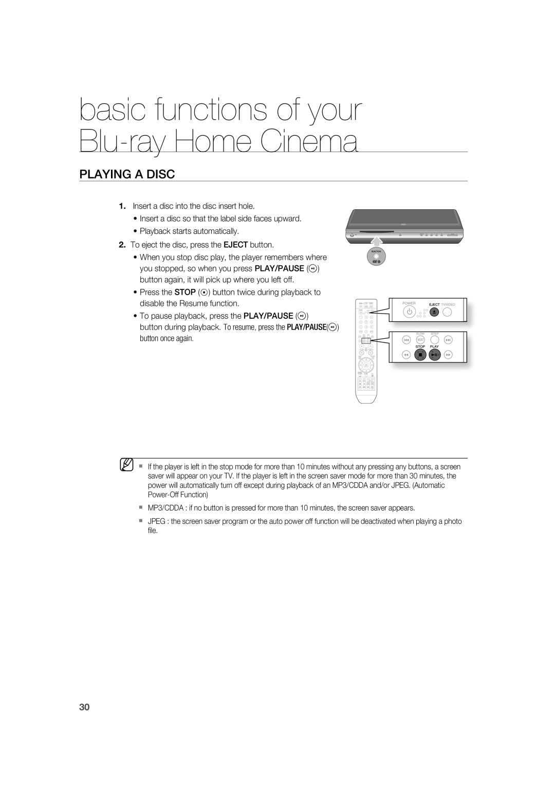 Samsung AH68-02019K manual Playing A Disc, basic functions of your Blu-rayHome Cinema 