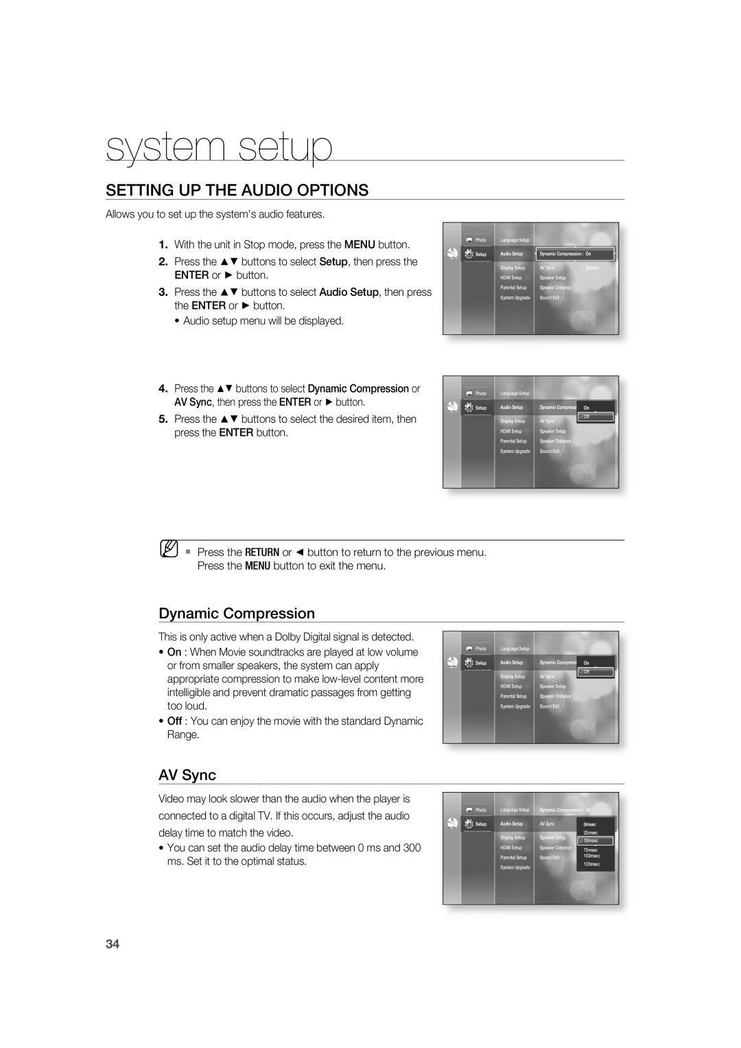 Samsung AH68-02019K manual Setting Up The Audio Options, Dynamic Compression, AV Sync, system setup, ENTER or button 