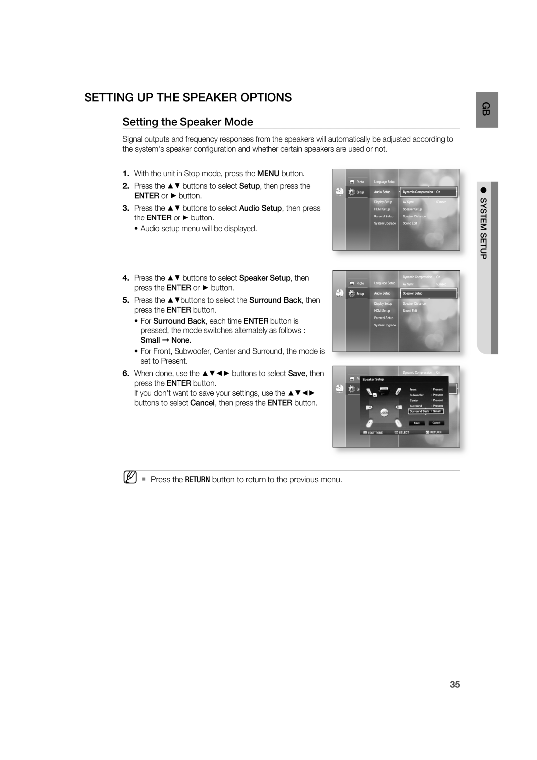 Samsung AH68-02019K manual Setting Up The Speaker Options, Setting the Speaker Mode 