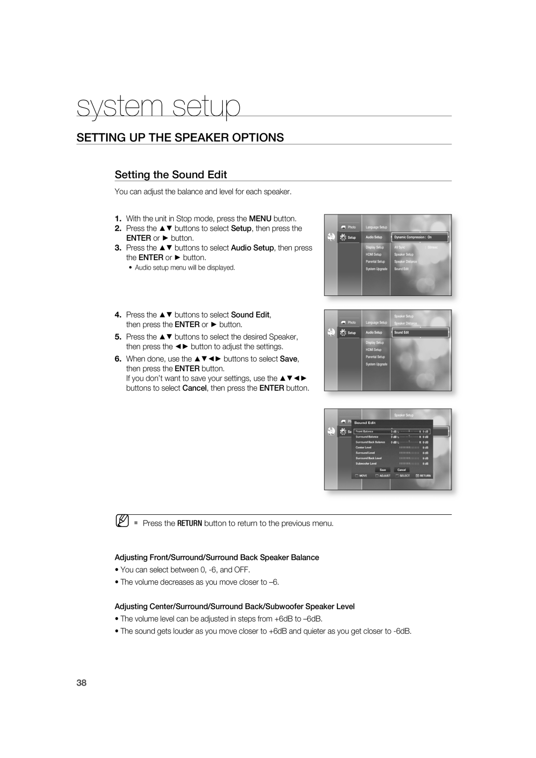 Samsung AH68-02019K manual Setting the Sound Edit, system setup, Setting Up The Speaker Options 