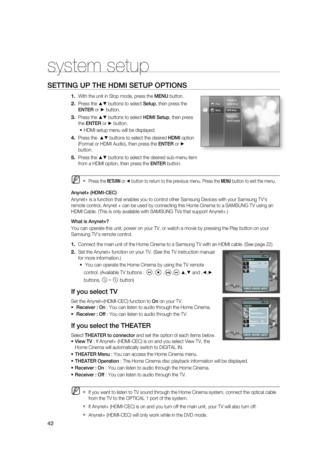 Samsung AH68-02019K manual Setting Up The Hdmi Setup Options, If you select TV, If you select the THEATER, system setup 