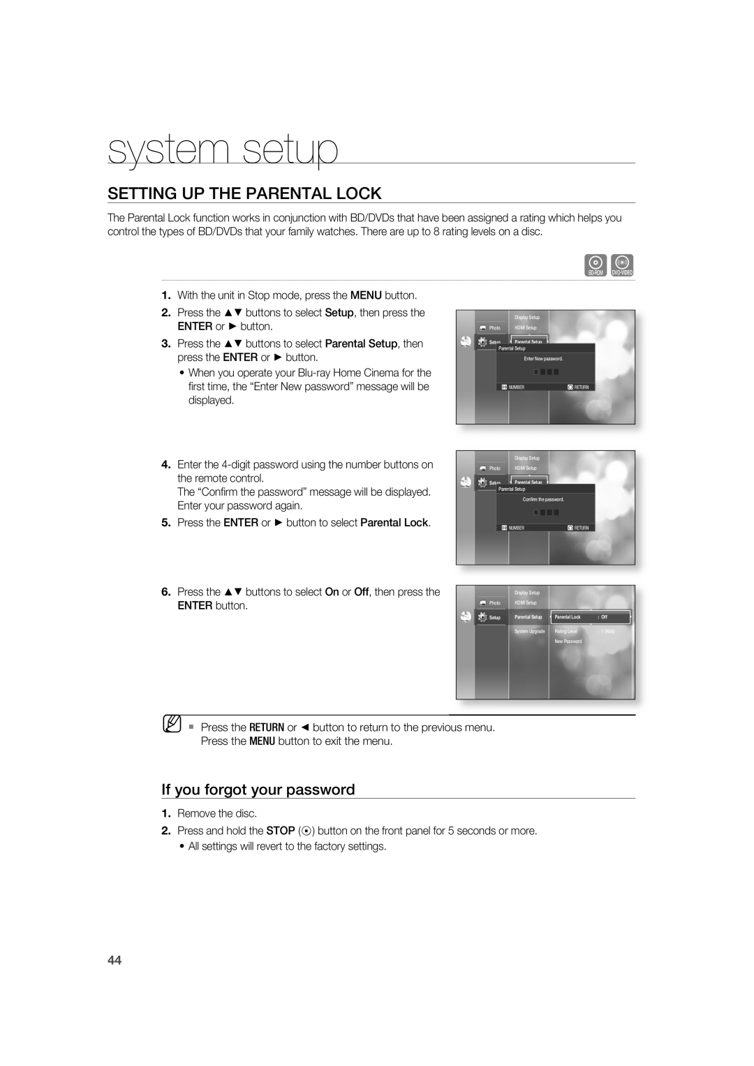 Samsung AH68-02019K manual Setting Up The Parental Lock, If you forgot your password, system setup 
