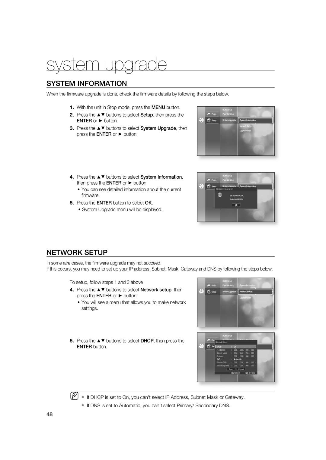 Samsung AH68-02019K manual System Information, Network Setup, system upgrade 