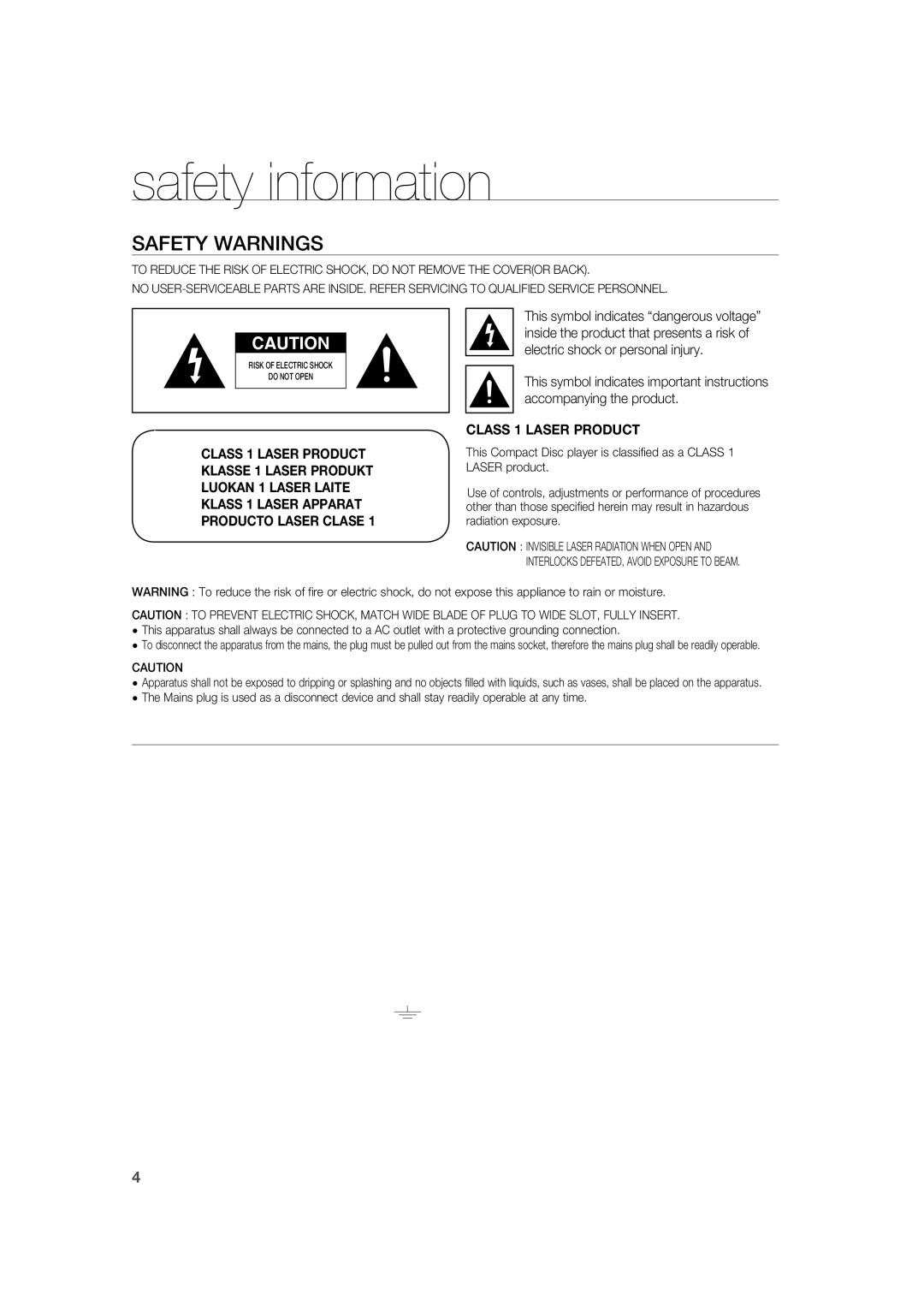 Samsung AH68-02019K manual safety information, Safety Warnings, CLASS 1 LASER PRODUCT 