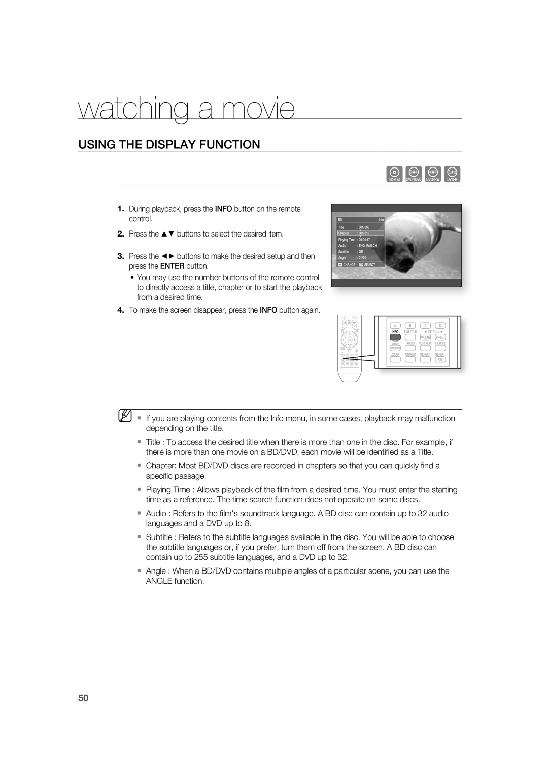 Samsung AH68-02019K manual watching a movie, hZCV, Using The Display Function 
