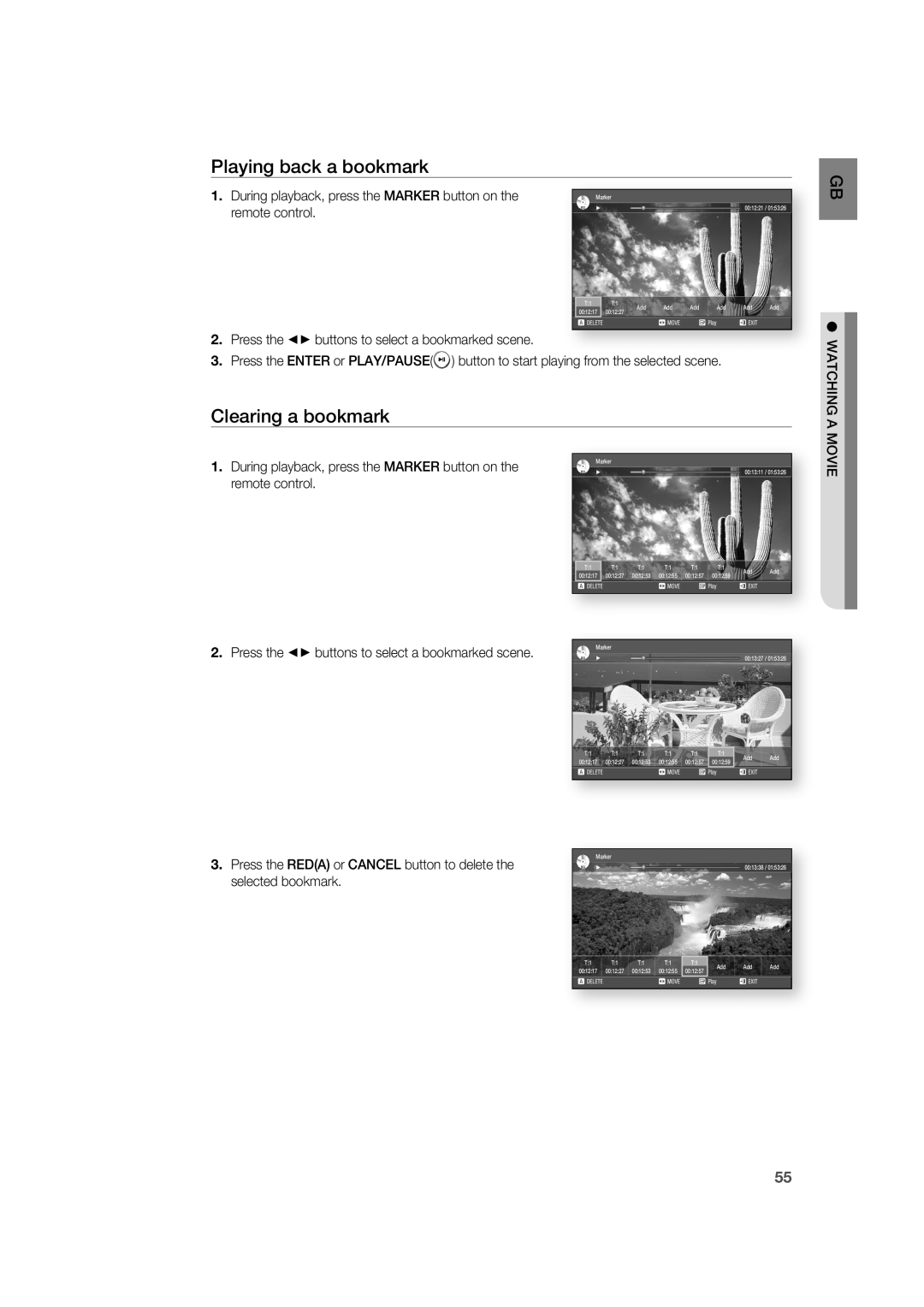 Samsung AH68-02019K manual Playing back a bookmark, Clearing a bookmark, Press the buttons to select a bookmarked scene 