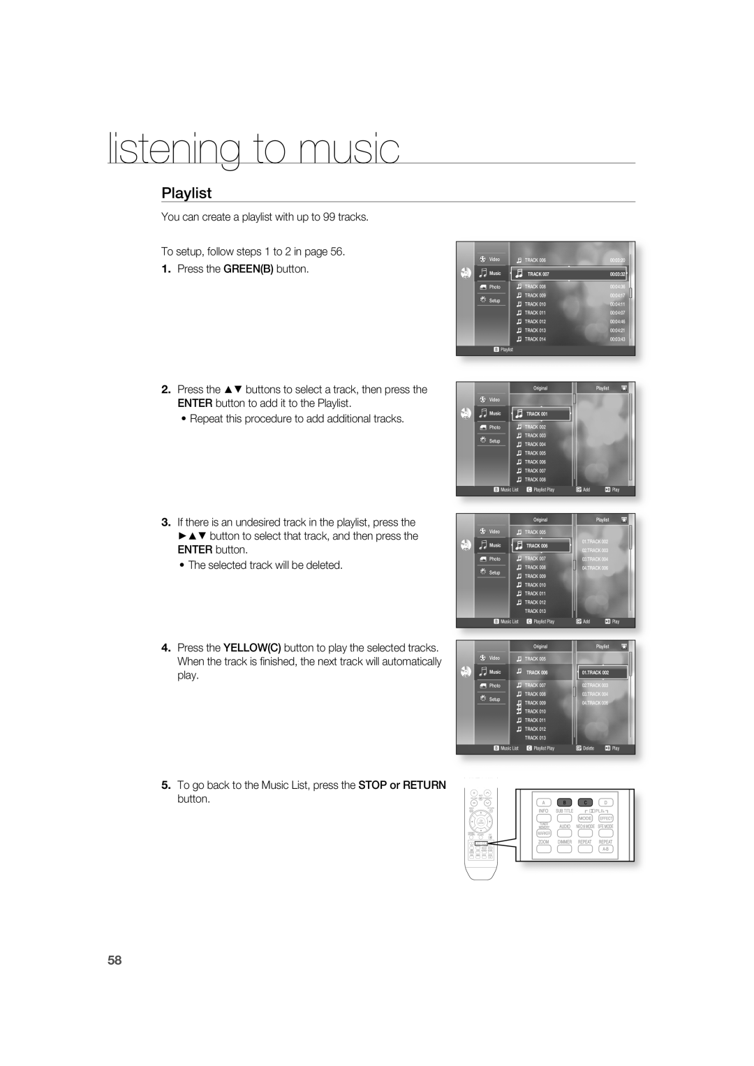 Samsung AH68-02019K manual Playlist, listening to music 