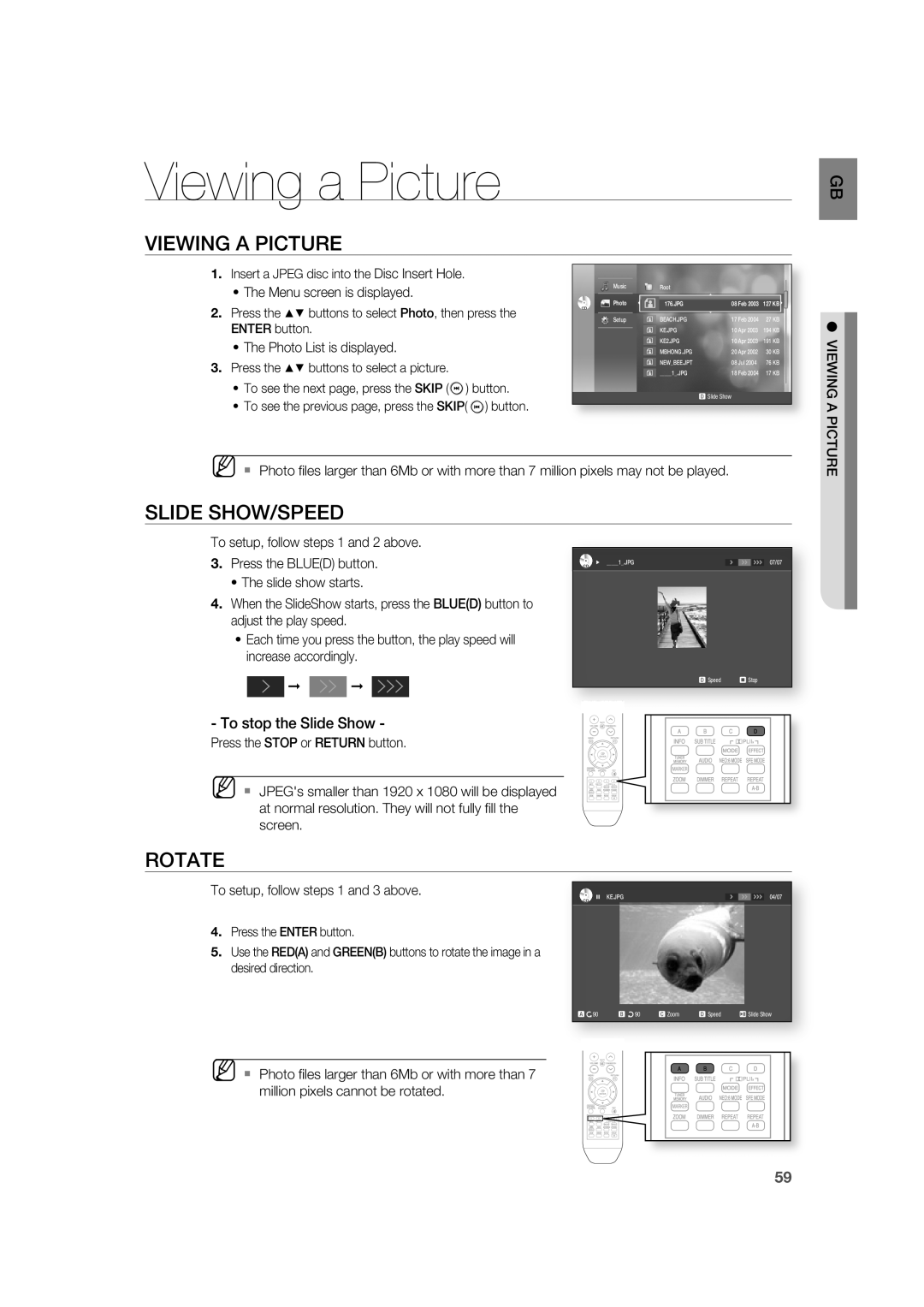 Samsung AH68-02019K Viewing a Picture, Viewing A Picture, Slide Show/Speed, Rotate, To setup, follow steps 1 and 3 above 