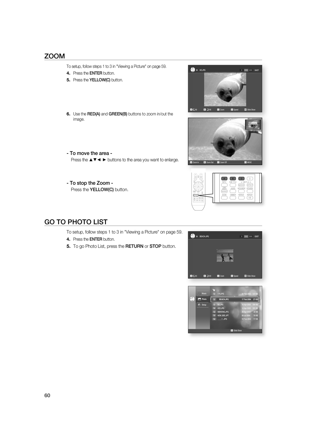 Samsung AH68-02019K manual Go To Photo List, To move the area, To stop the Zoom 