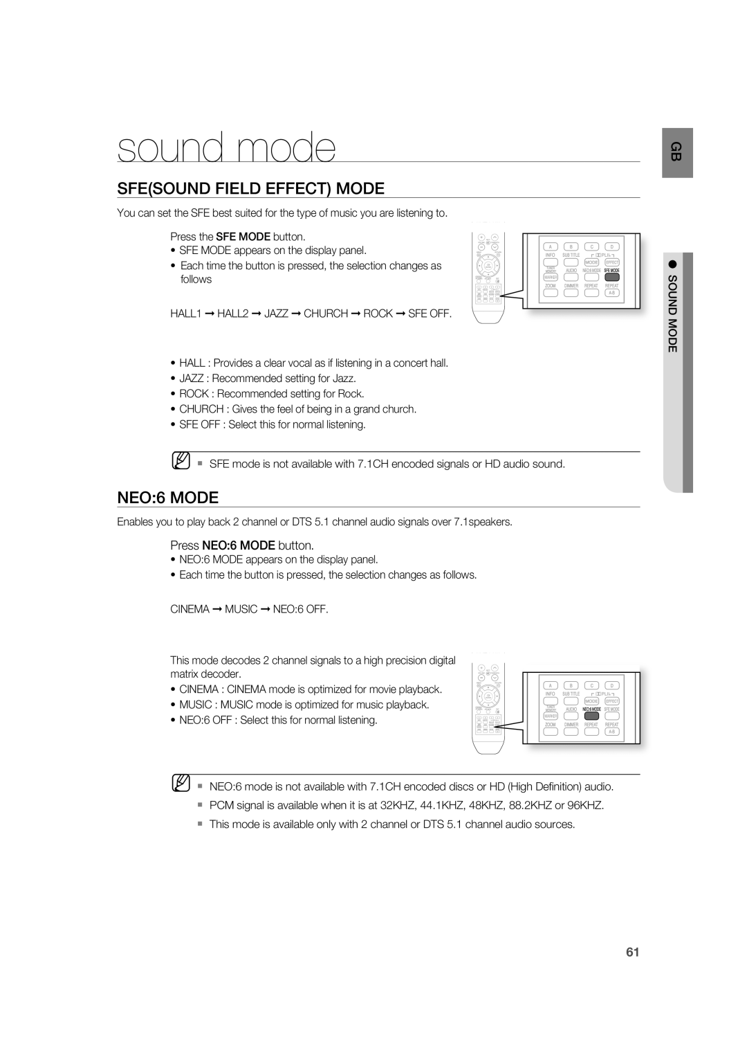 Samsung AH68-02019K manual sound mode, Sfesound Field Effect Mode, NEO:6 MODE 
