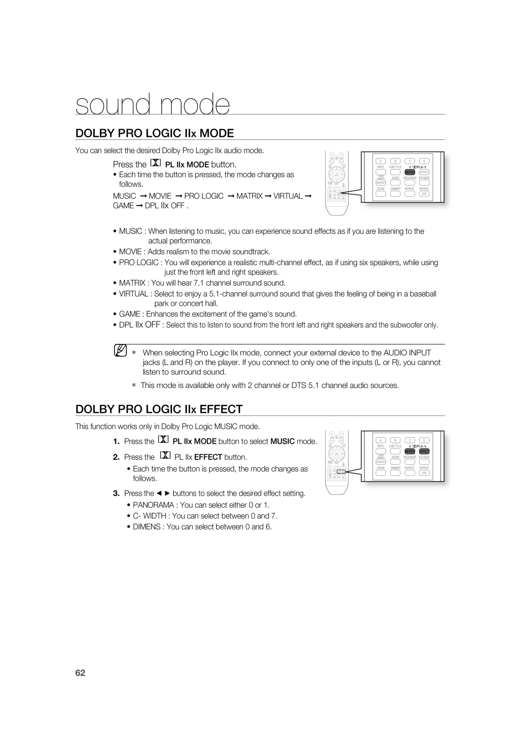 Samsung AH68-02019K manual DOLBY PRO LOGIC IIx MODE, DOLBY PRO LOGIC IIx EFFECT, sound mode, Press the PL IIx MODE button 