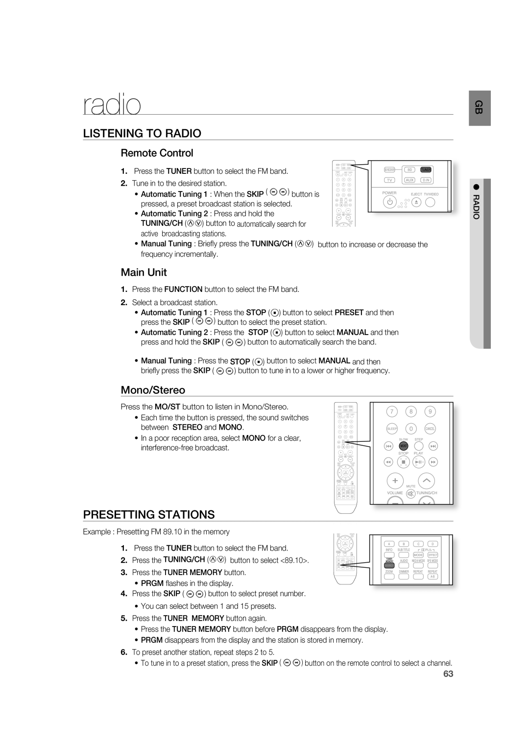 Samsung AH68-02019K manual radio, Listening To Radio, Presetting Stations, Remote Control, Main Unit, Mono/Stereo 