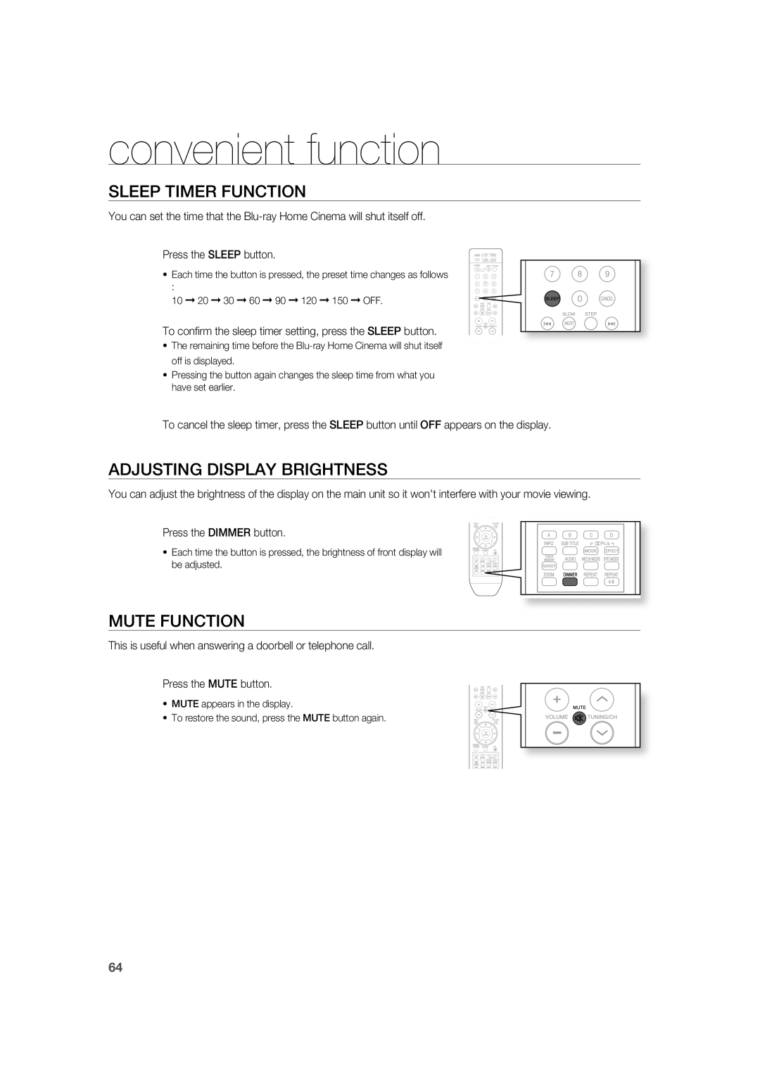 Samsung AH68-02019K manual convenient function, Sleep Timer Function, Adjusting Display Brightness, Mute Function 