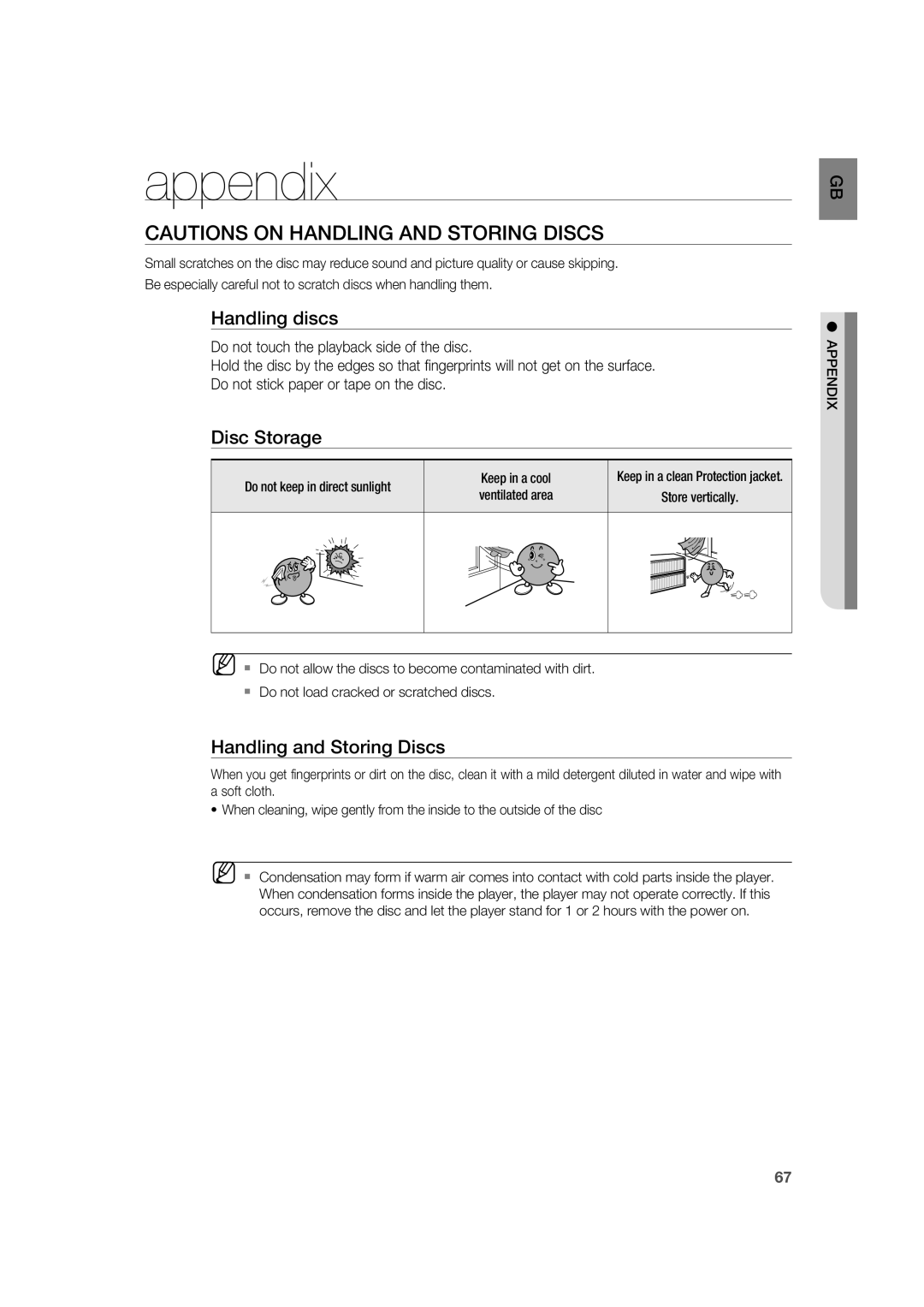 Samsung AH68-02019K manual appendix, Cautions On Handling And Storing Discs, Handling discs, Disc Storage 