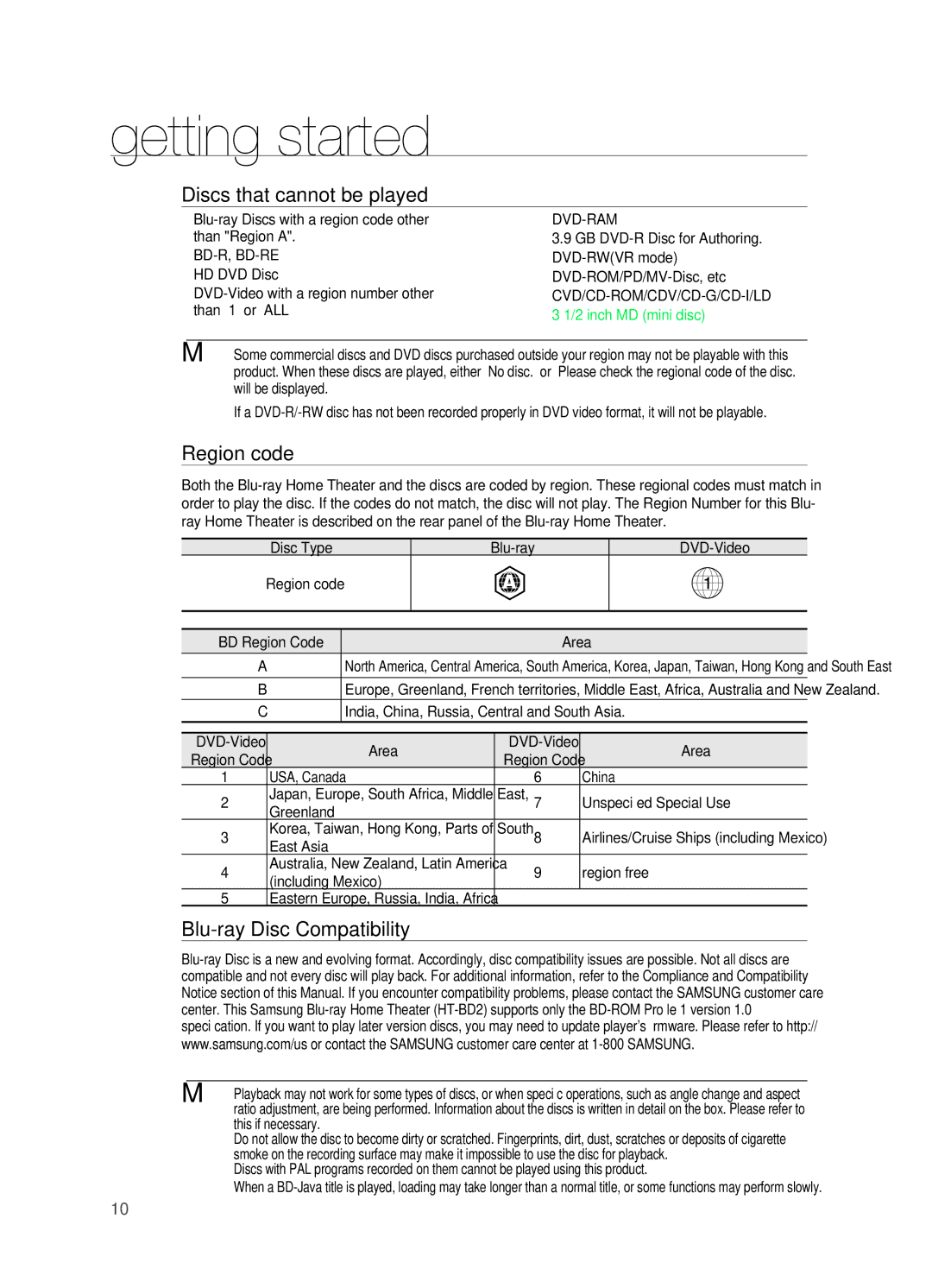 Samsung AH68-02019S manual Discs that cannot be played, Region code, Blu-ray Disc Compatibility 