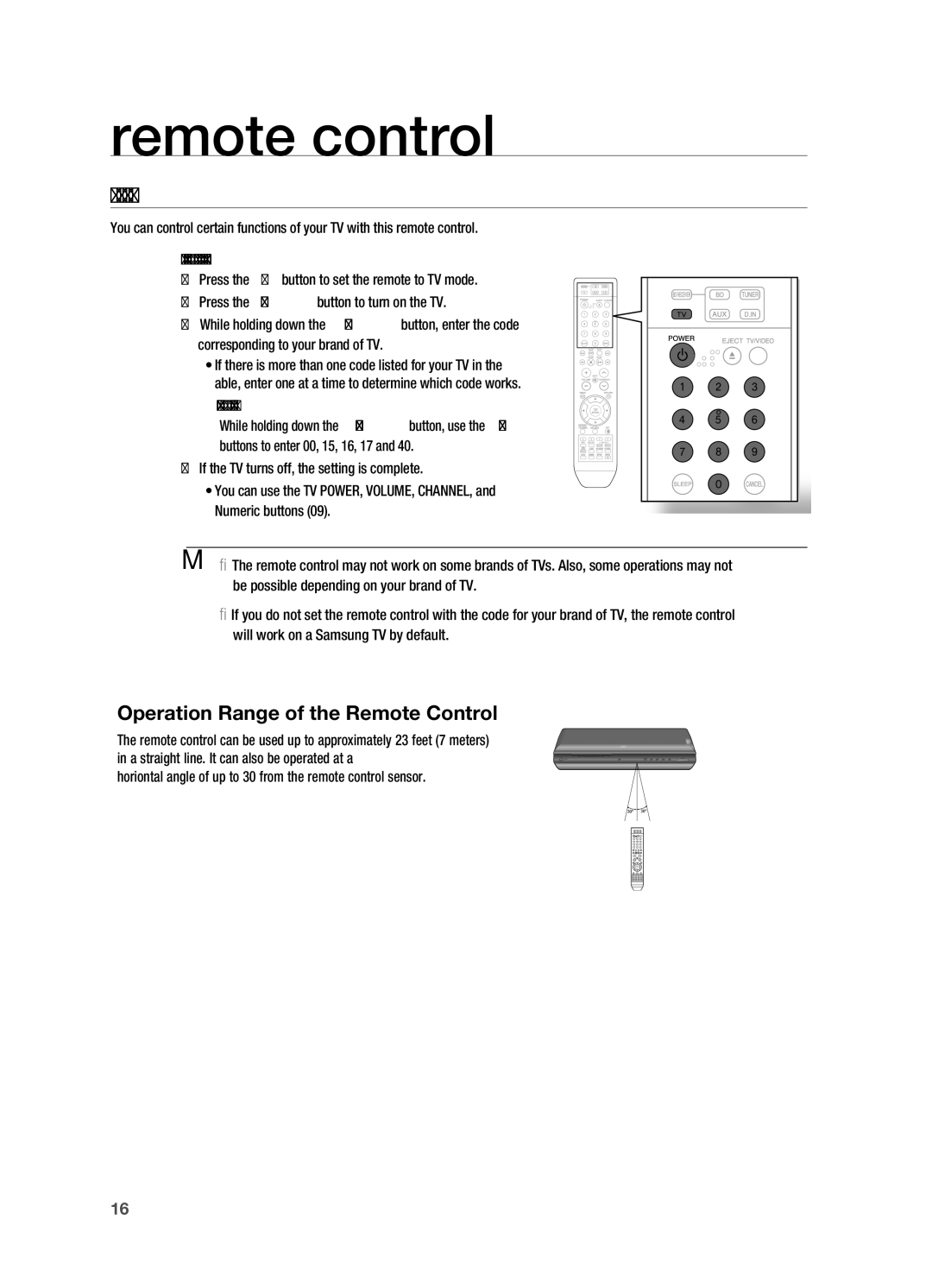 Samsung AH68-02019S manual SETTIng the Remote COnTROL, Operation Range of the Remote Control 