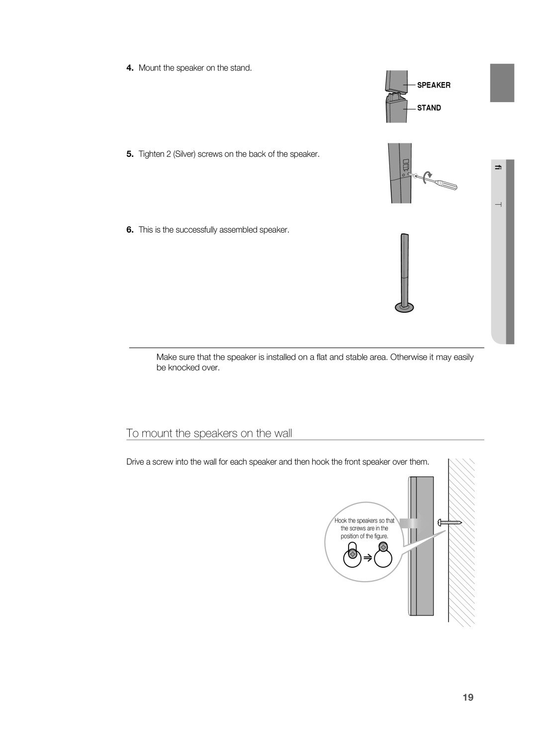 Samsung AH68-02019S manual To mount the speakers on the wall, . Mount the speaker on the stand, Connections 