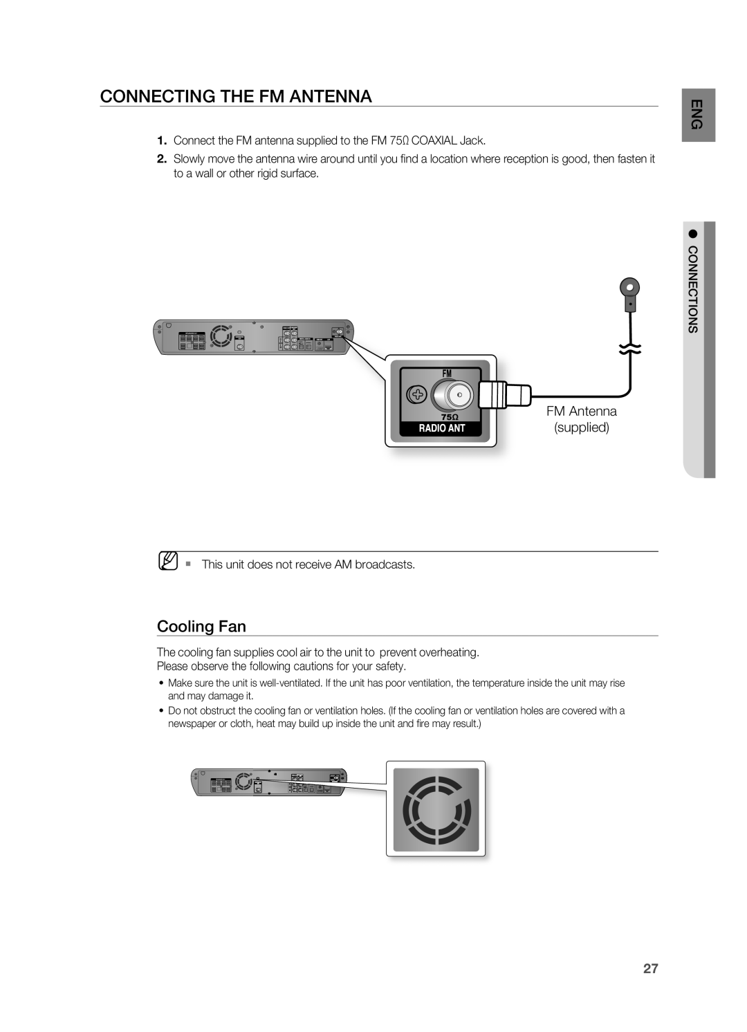 Samsung AH68-02019S manual Connecting the FM Antenna, Cooling Fan, FM Antenna Supplied 