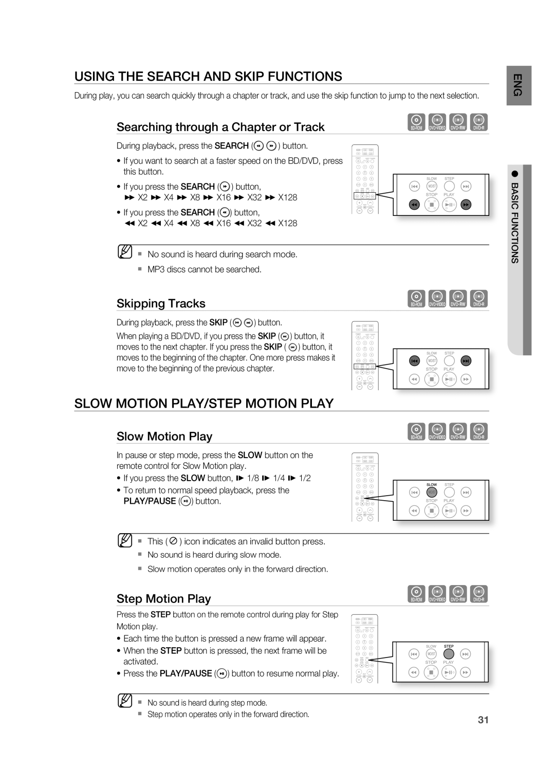 Samsung AH68-02019S manual USIng the Search AnD Skip FUnCTIOnS, Slow MOTIOn PLAY/STEP MOTIOn Play 