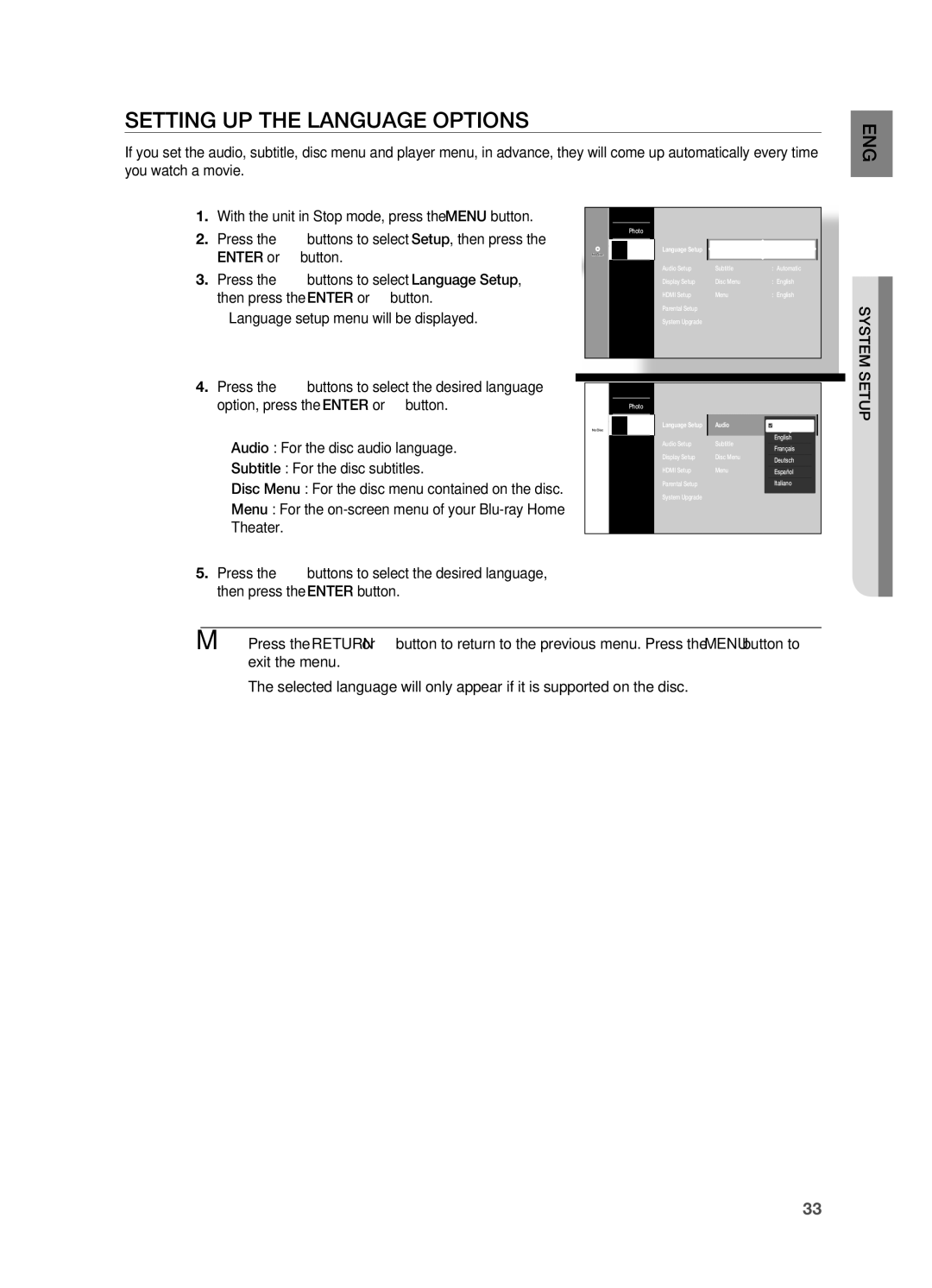 Samsung AH68-02019S manual SETTIng UP the LAngUAgE OPTIOnS, System Setup, Audio For the disc audio language 