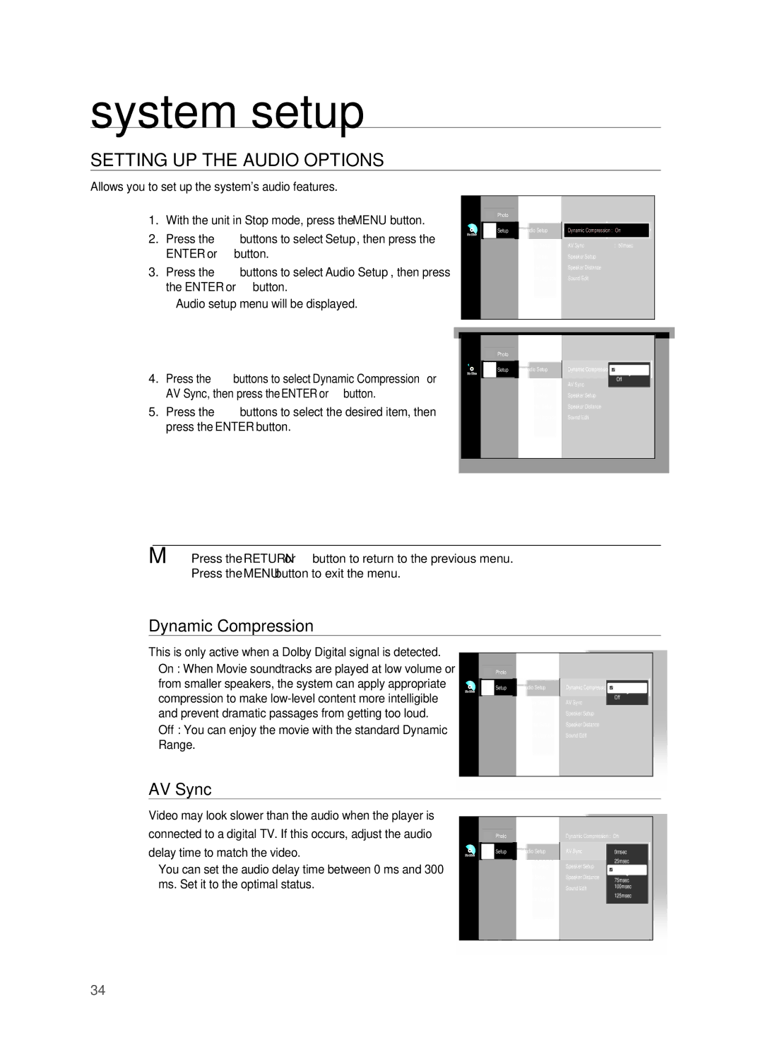 Samsung AH68-02019S manual SETTIng UP the Audio OPTIOnS, Dynamic Compression, AV Sync, Range 