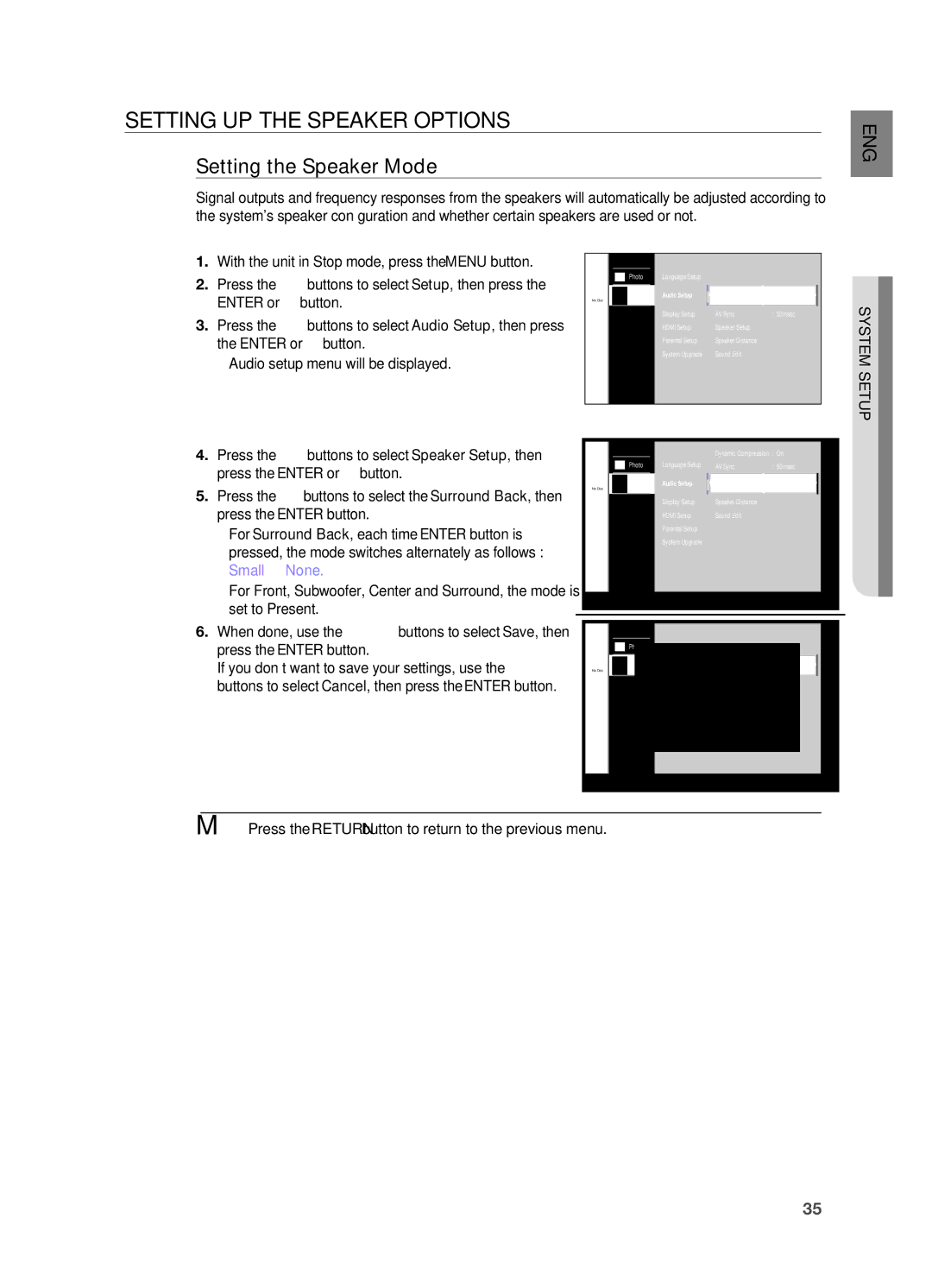 Samsung AH68-02019S manual SETTIng UP the Speaker OPTIOnS, Setting the Speaker Mode 