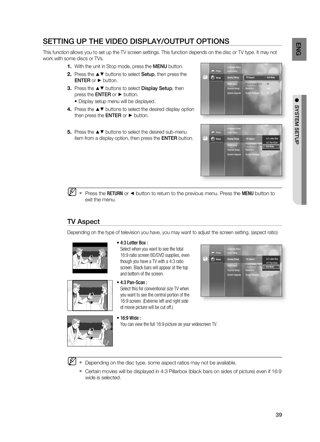 Samsung AH68-02019S manual SETTIng UP the Video DISPLAY/OUTPUT OPTIOnS, TV Aspect, Bottom of the screen Pan-Scan, Wide 