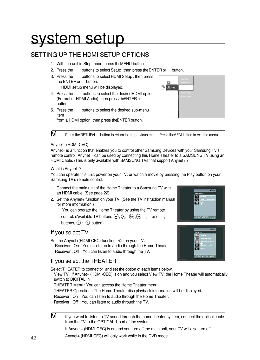 Samsung AH68-02019S manual SETTIng UP the Hdmi Setup OPTIOnS, If you select TV, If you select the Theater 