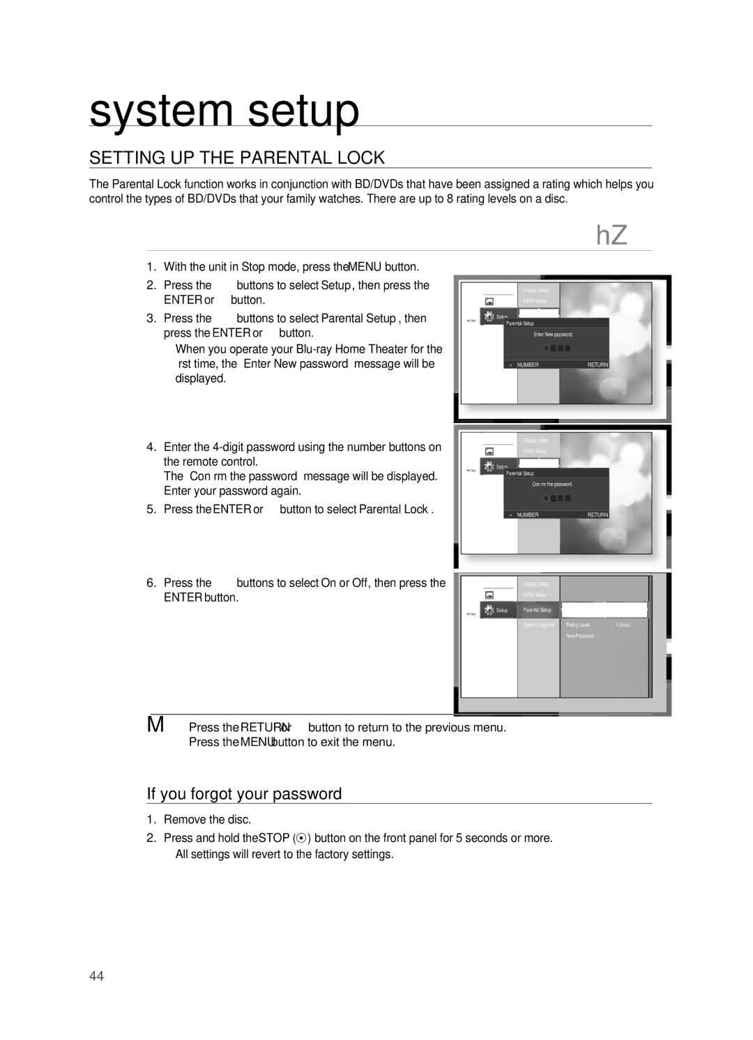 Samsung AH68-02019S manual SETTIng UP the PAREnTAL Lock, If you forgot your password, Parental Setup, New Password 