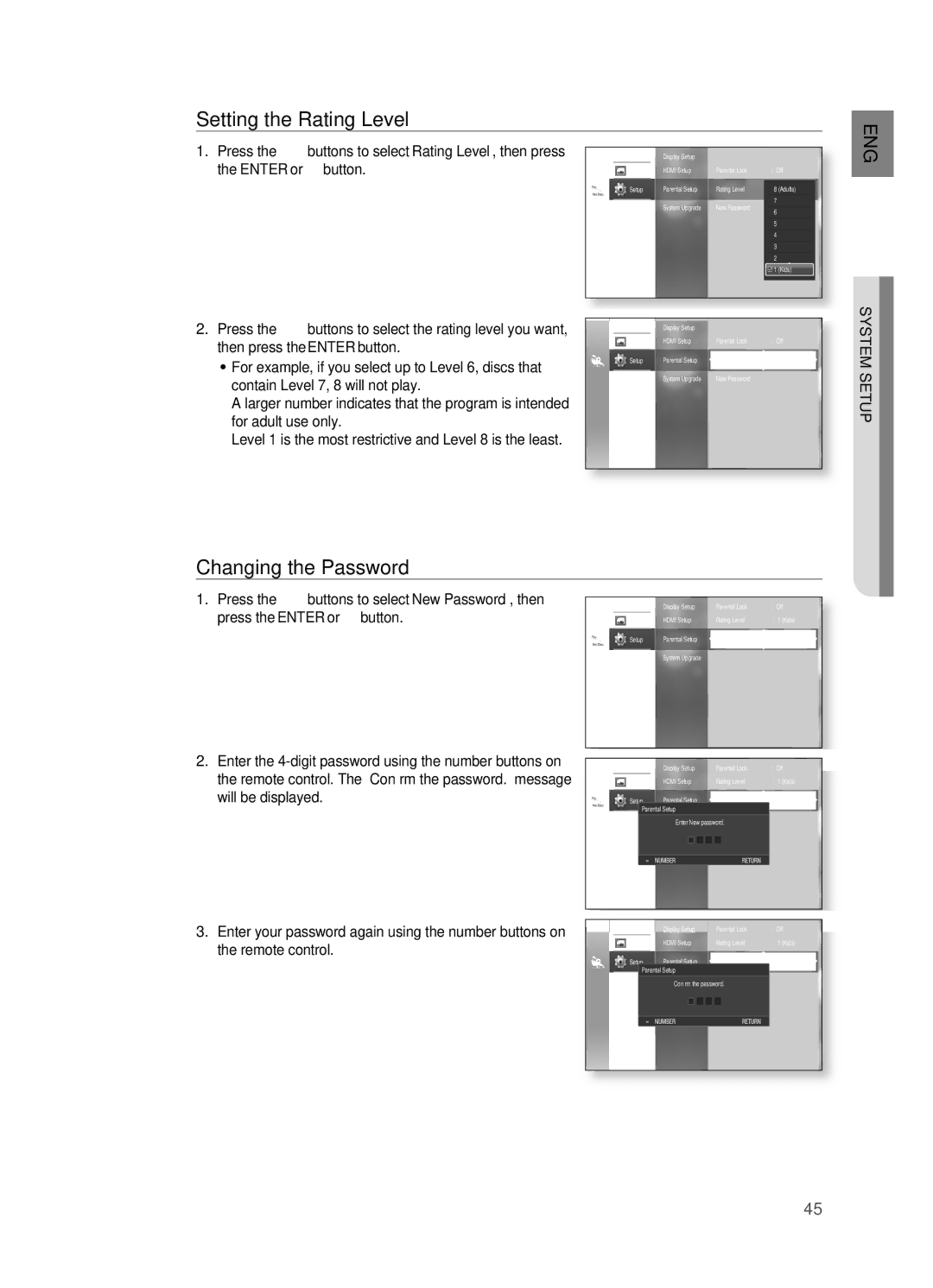 Samsung AH68-02019S Setting the Rating Level, Changing the Password, Press the $% buttons to select new Password, then 