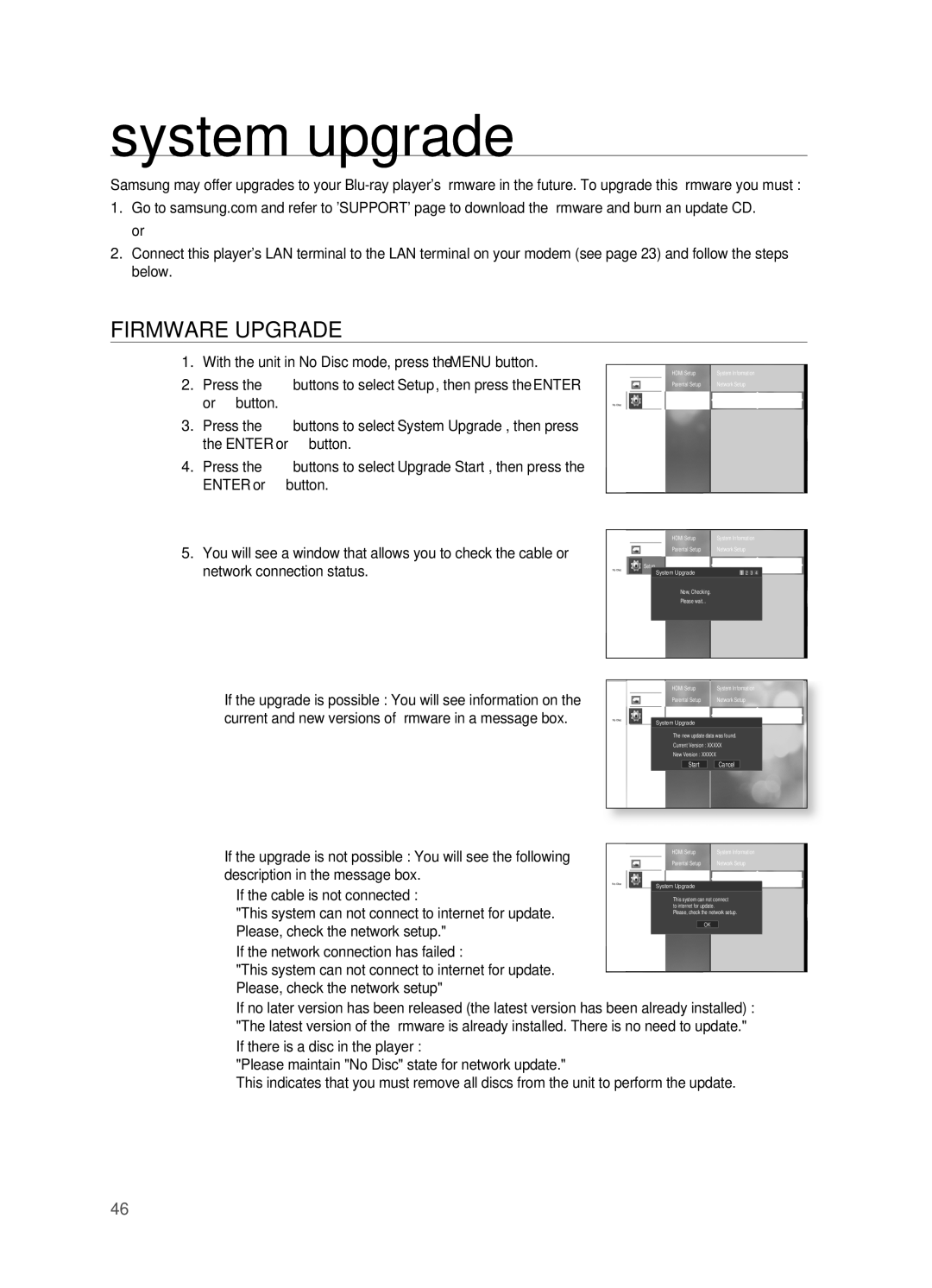 Samsung AH68-02019S manual System upgrade, Firmware UPgRADE, Upgrade Start 