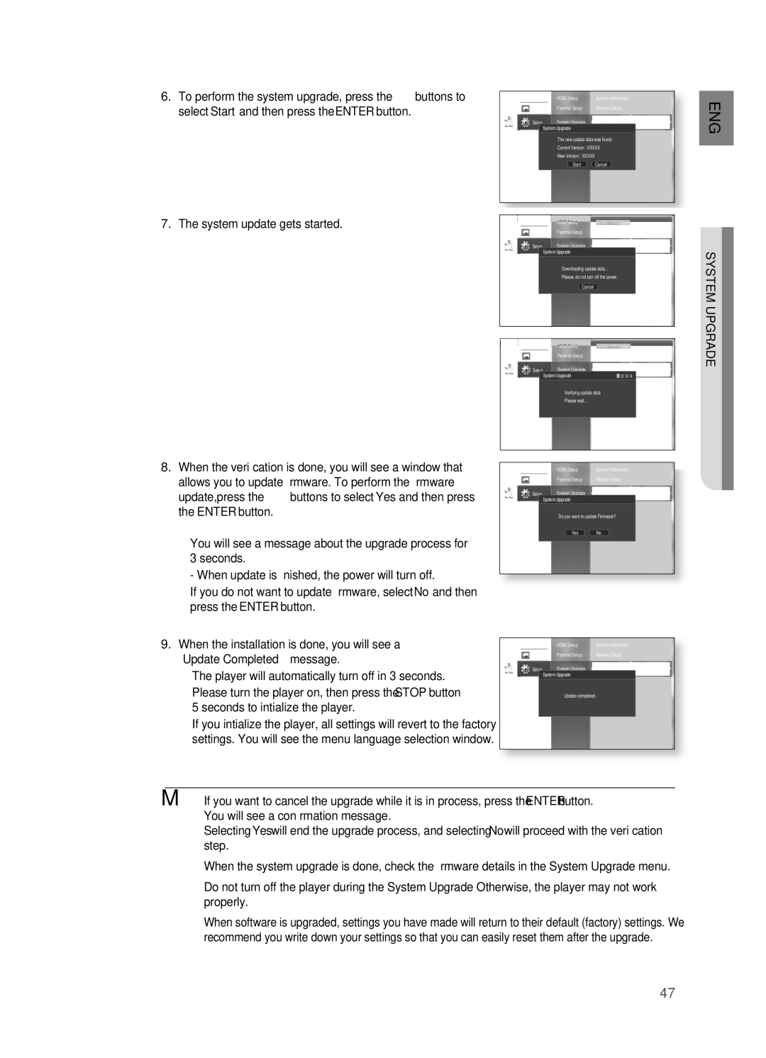 Samsung AH68-02019S To perform the system upgrade, press the + buttons to, Select Start and then press the EnTER button 