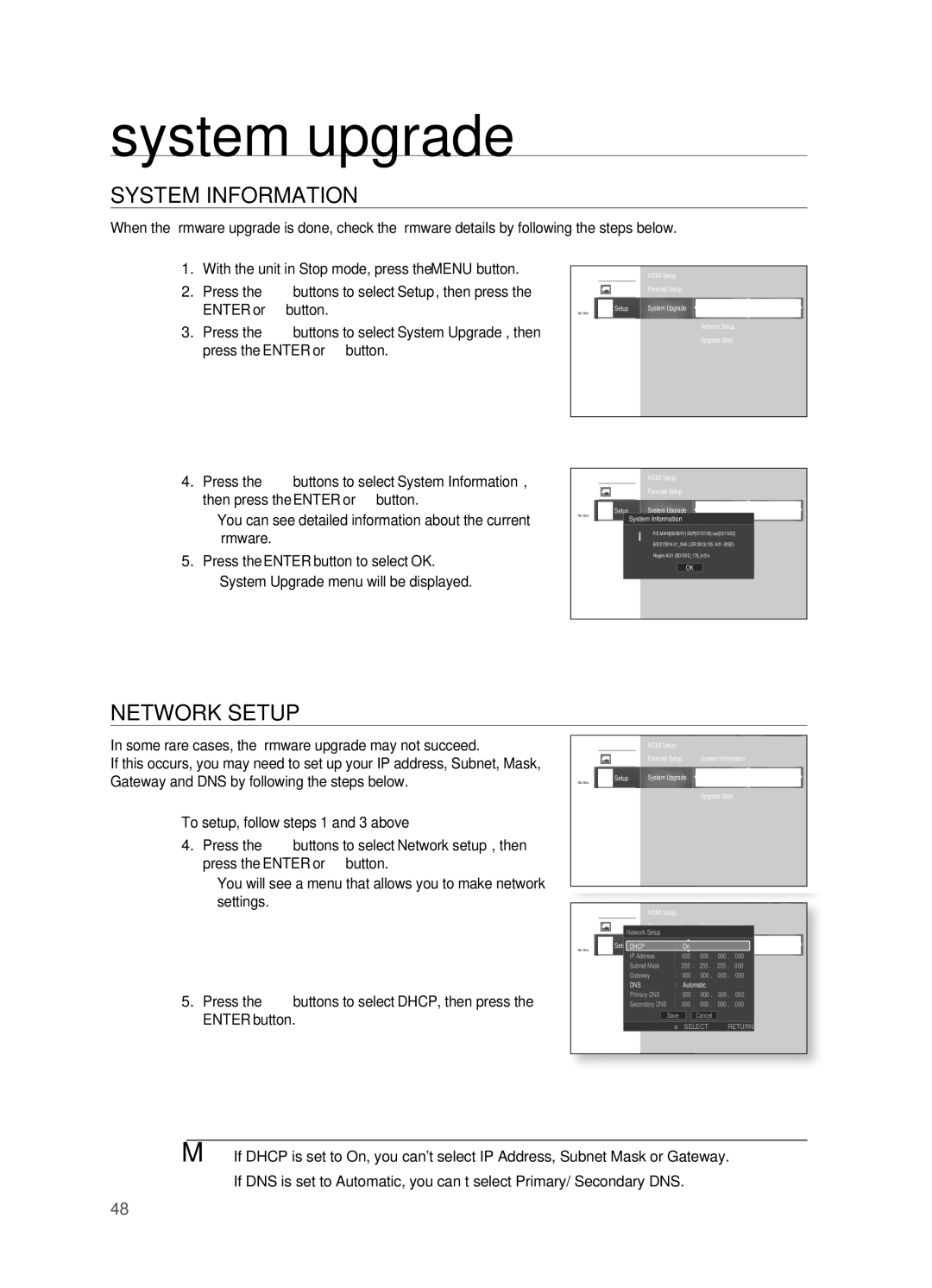 Samsung AH68-02019S manual System InFORMATIOn, NETWORK Setup, Settings 